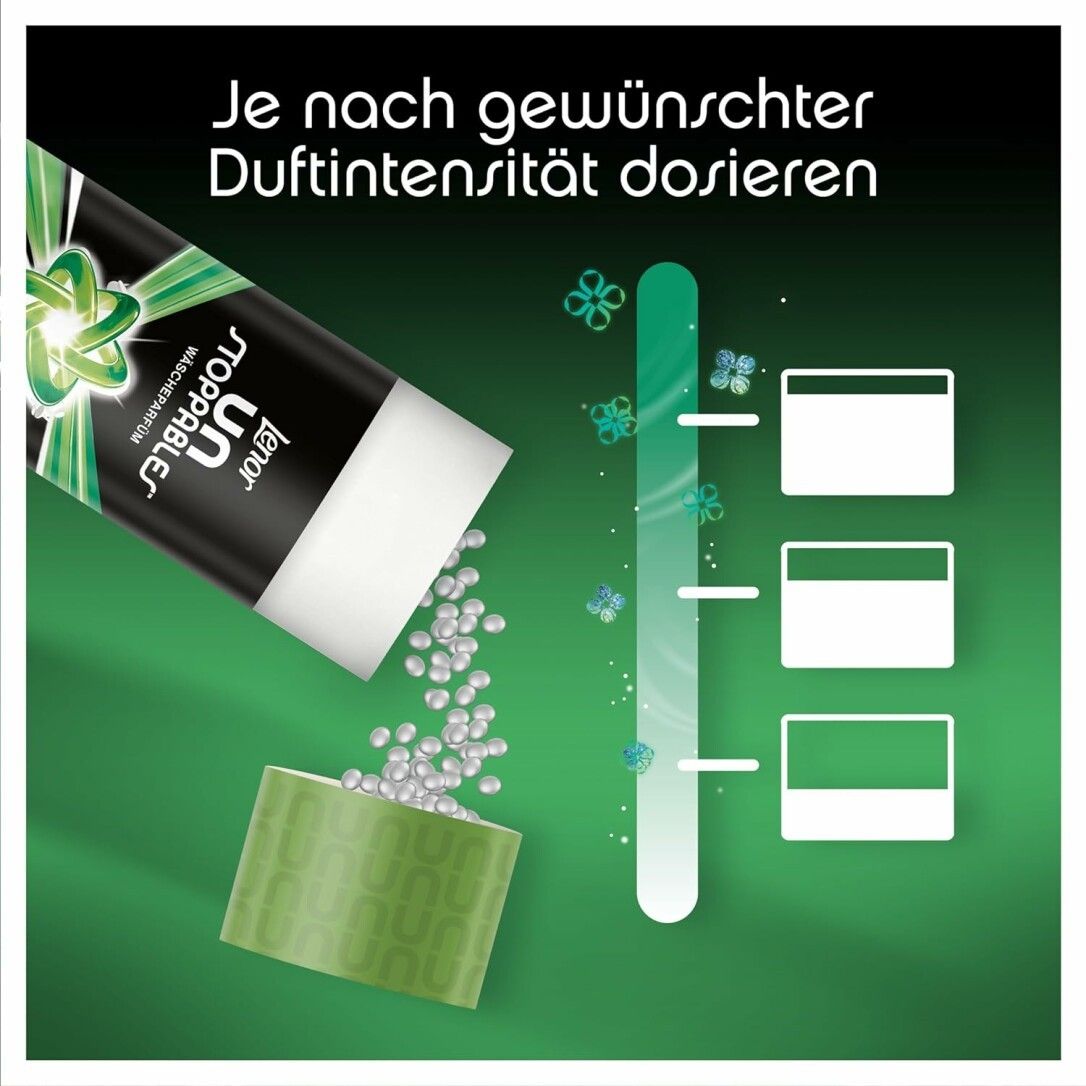 Lenor Unstoppables Flasche mit Dosieranleitung. Text: Je nach gewünschter Duftintensität dosieren. Duft von Ariel.