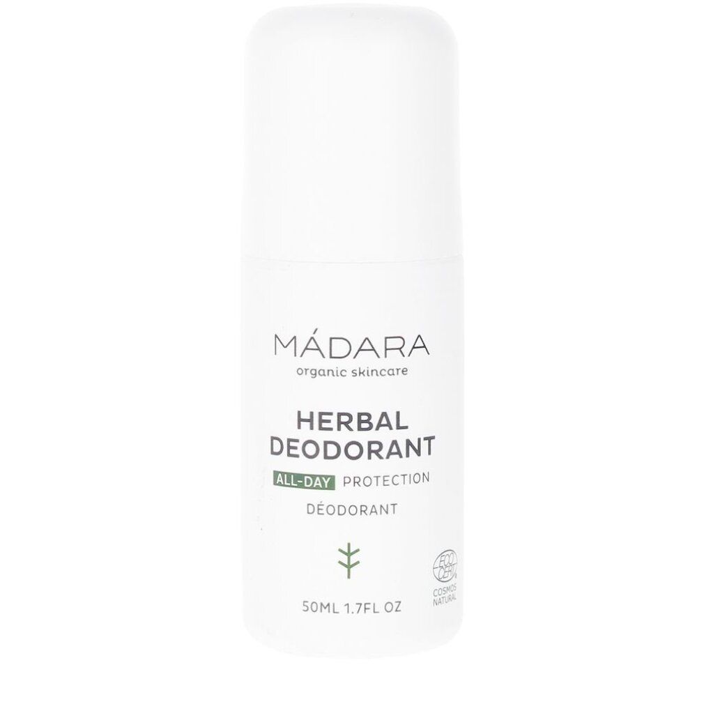 Weißer Roll-on-Deodorant mit Deckel. Aufschrift: MÁDARA, Herbal Deodorant, All-Day Protection. Mit Bio-Zertifizierung.