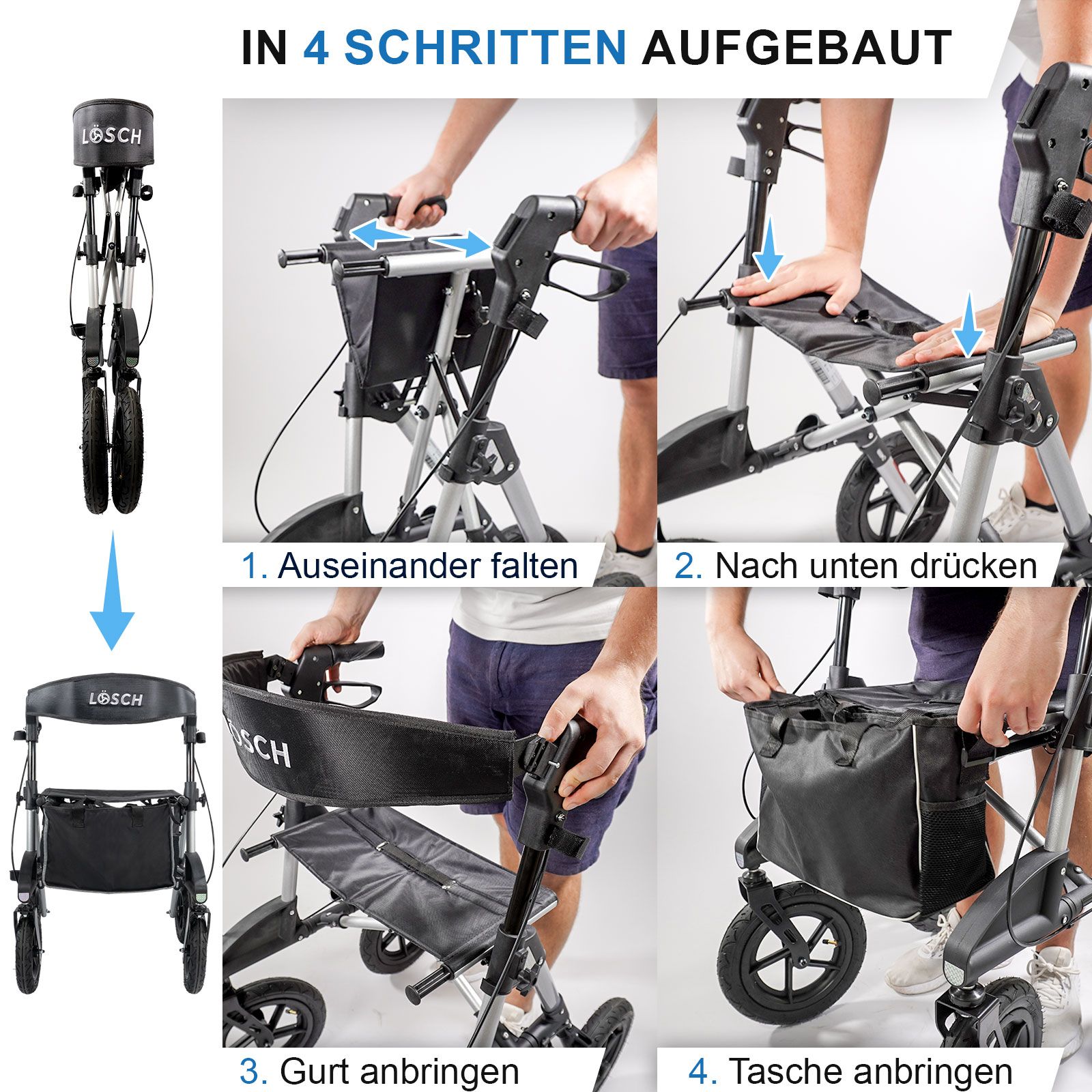 Anleitung zum Aufbau des Rollators in 4 Schritten. Auseinanderfalten, nach unten drücken, Gurt anbringen, Tasche anbringen.