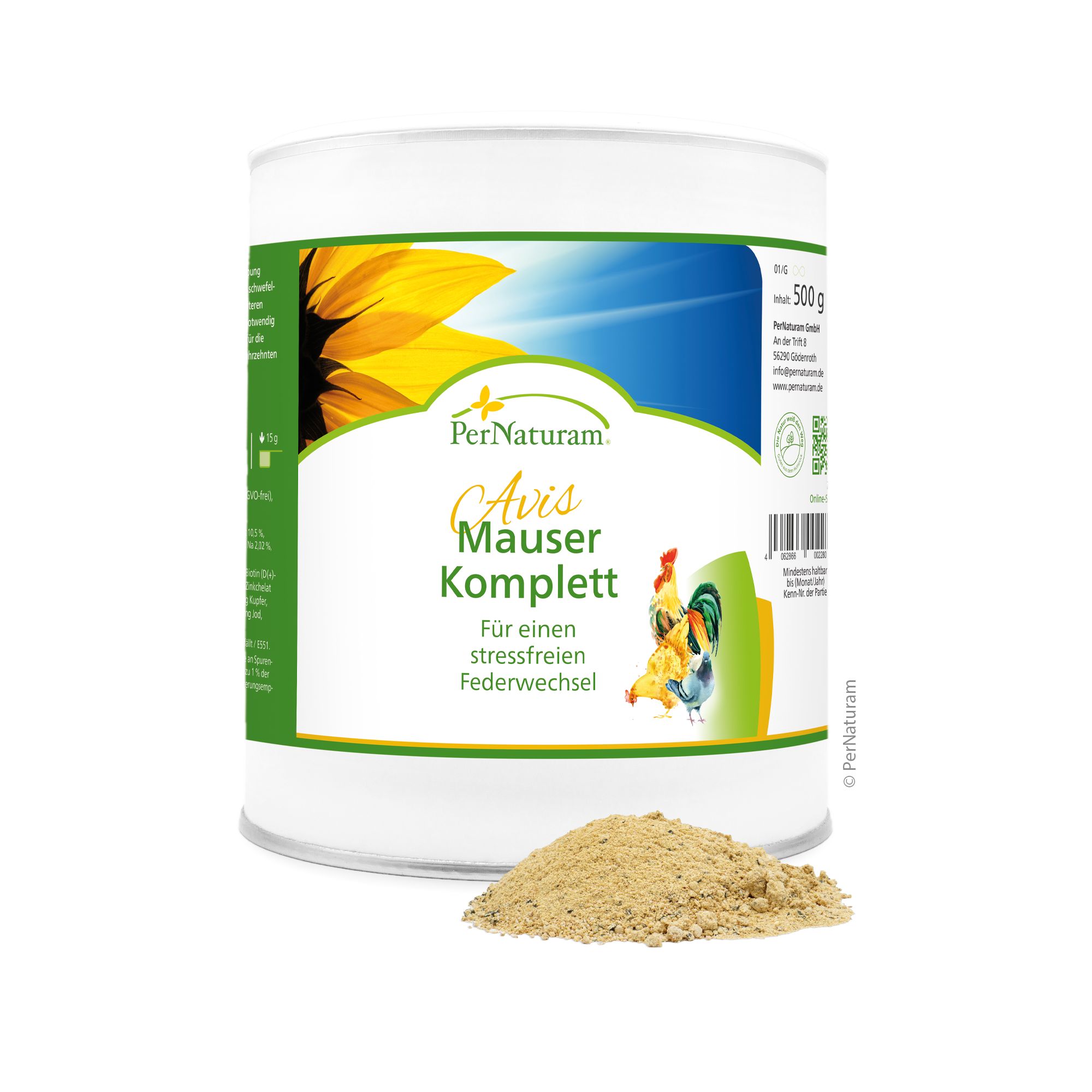 Dose PerNaturam Avis Mauser-Komplett, Sonnenblume, Hühner, Text. Pulver daneben.