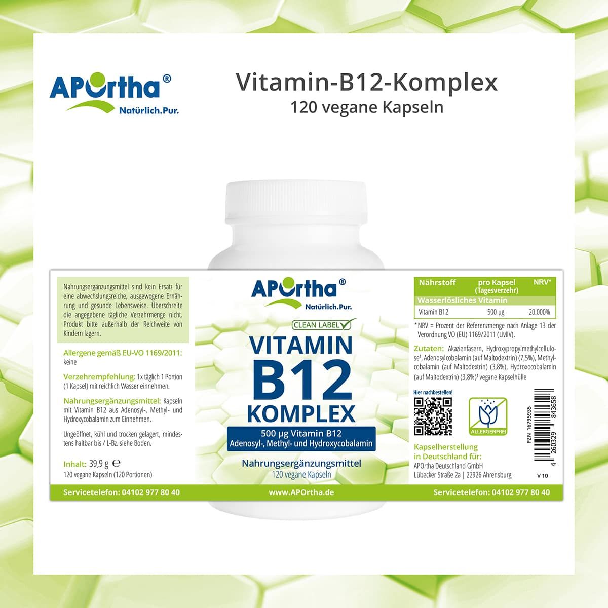 Weiße Flasche mit Vitamin B12-Komplex Kapseln. Etikett mit Inhaltsstoffen, Nährwertangaben, Herstellerinformationen und QR-Code.