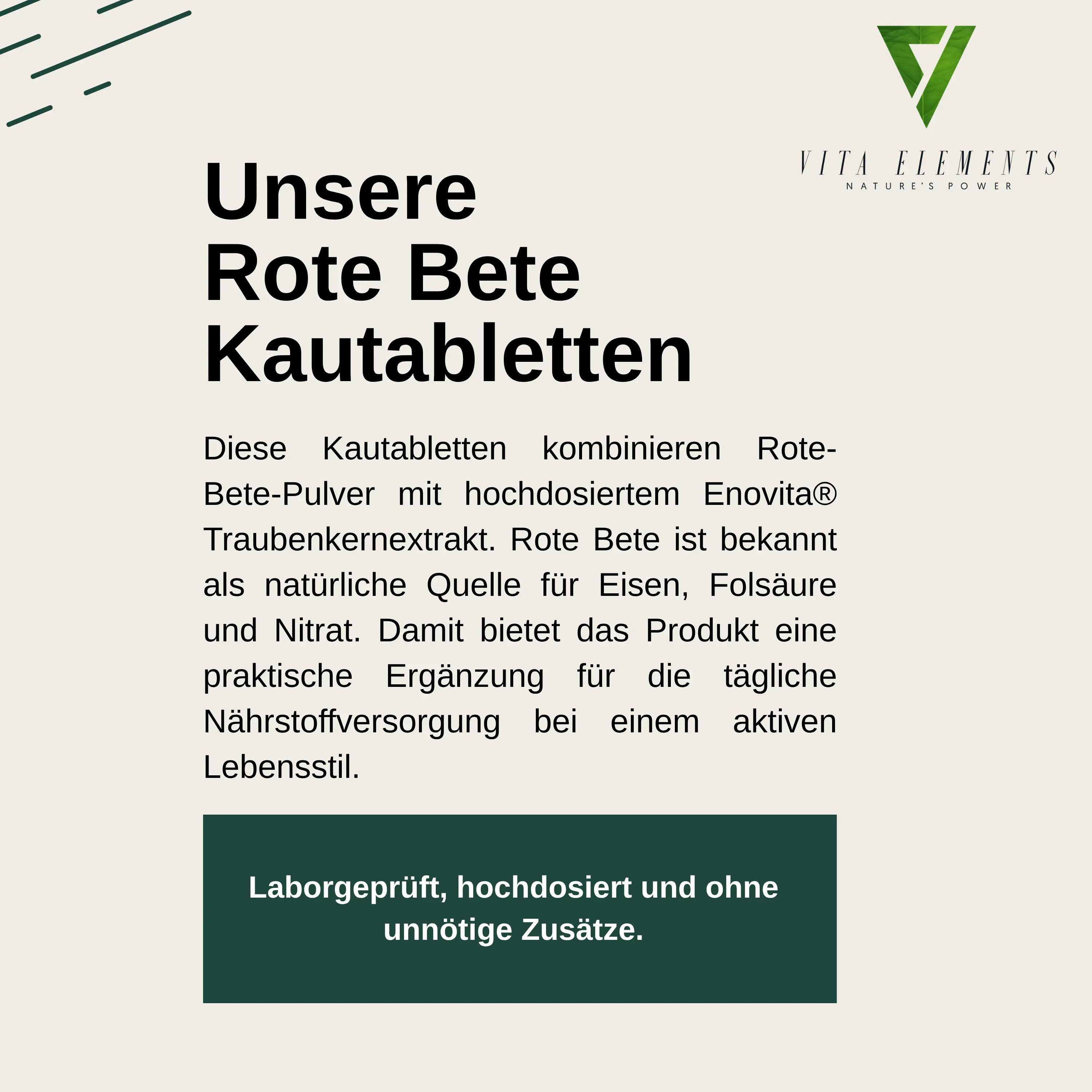 Vita Elements Rote Bete Kautabletten: Kombination aus Pulver und Traubenkernextrakt, Quelle für Eisen, Folsäure, Nitrat.