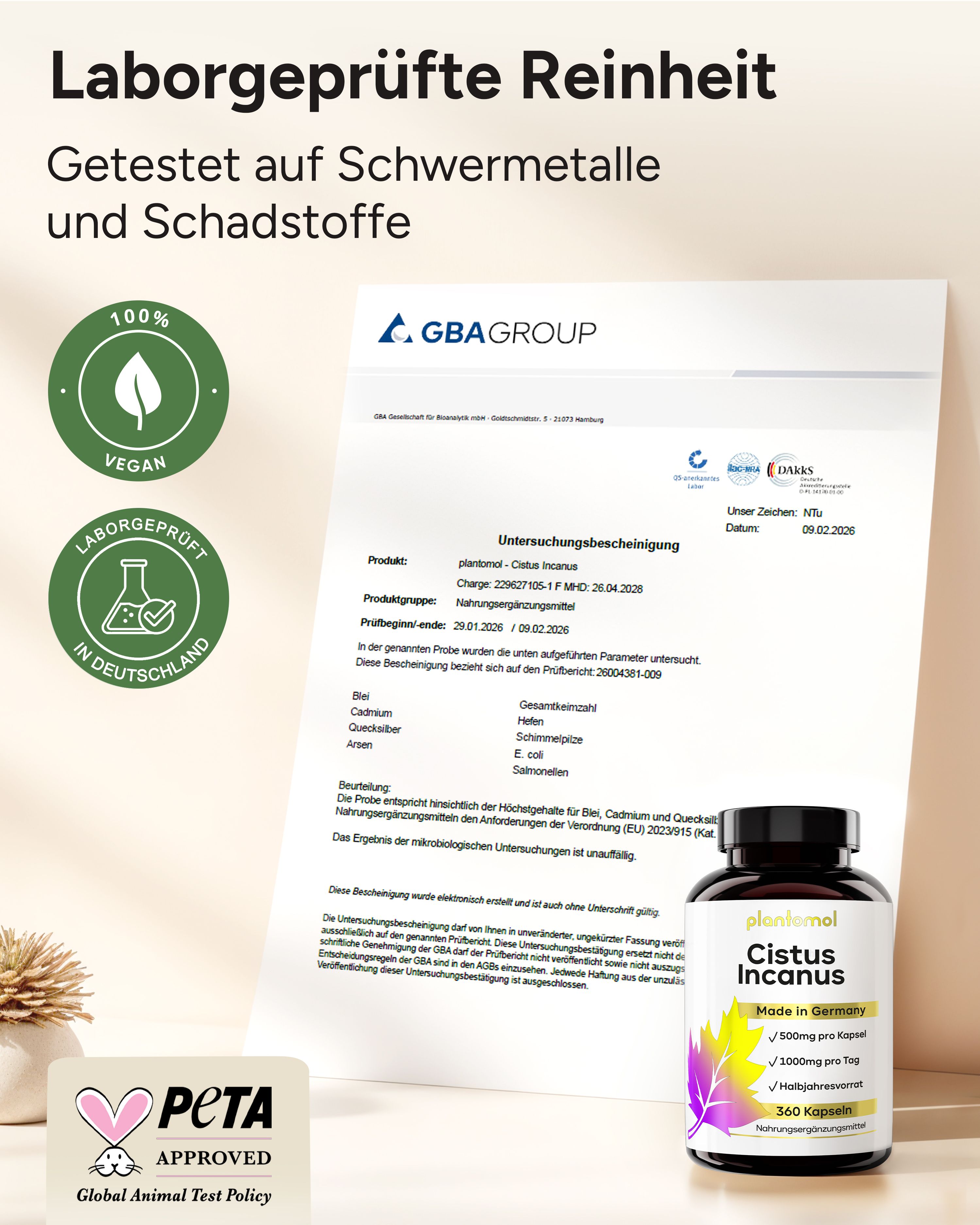 Zertifizierungen: 100% Vegan, Laborgeprüft in Deutschland, PETA Approved. Flasche mit plantomol Cistus Incanus und Prüfbericht.