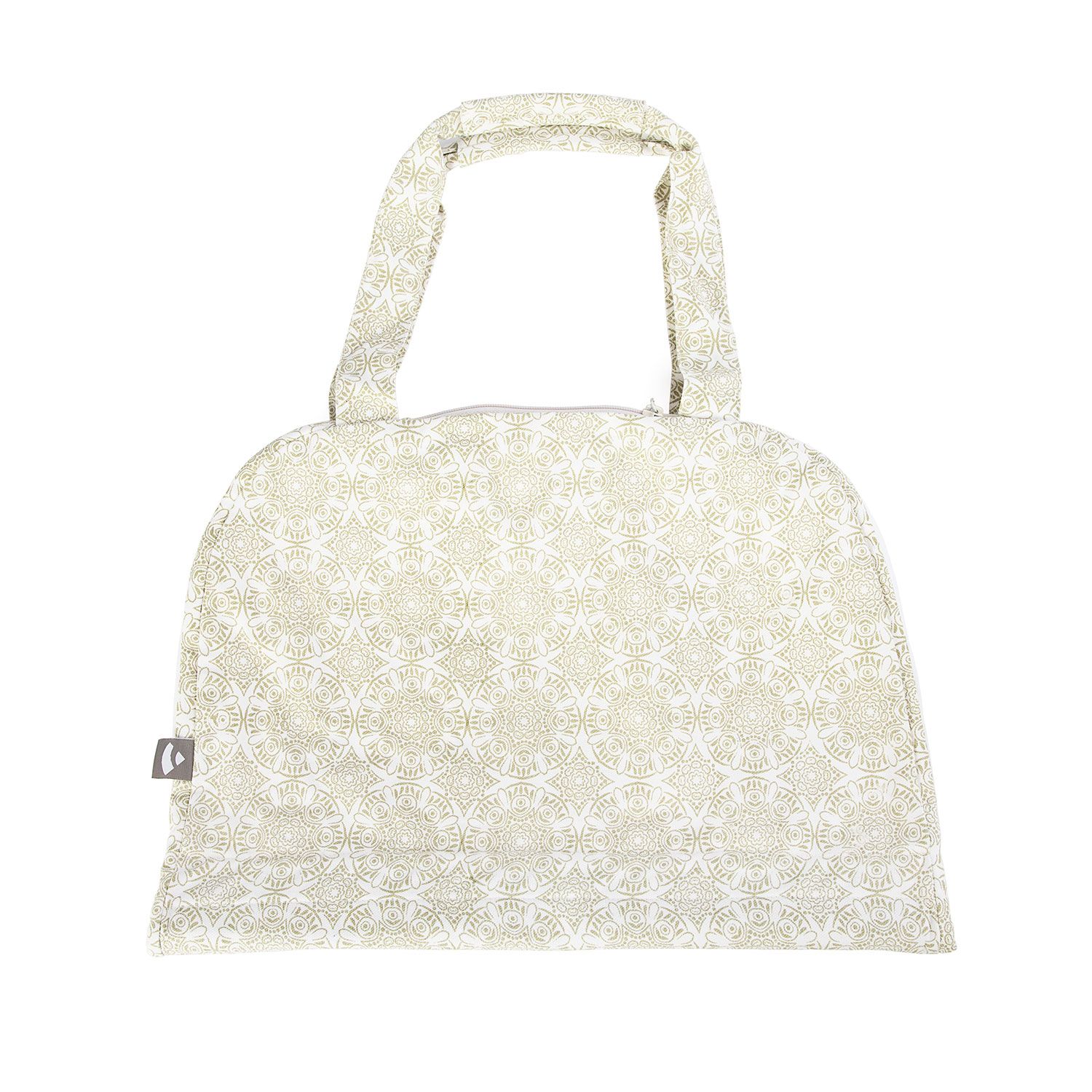 Ecru-farbene Yoga-Tasche mit Muster. Reißverschluss. Tragegriffe.