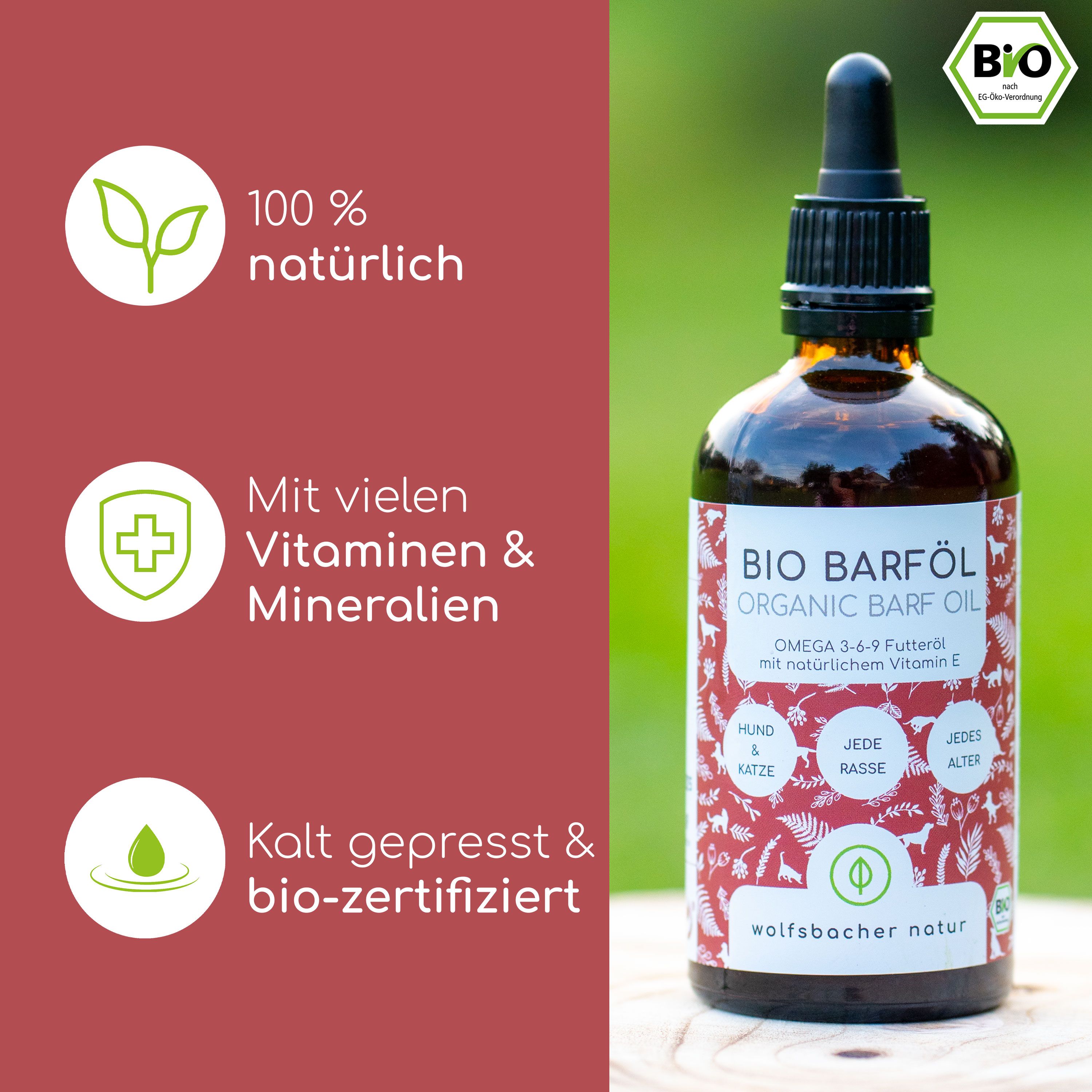 Flasche BIO Barf Öl, braun. Grafiken: 100% natürlich, Vitamine & Mineralien, kalt gepresst. Bio-Siegel.