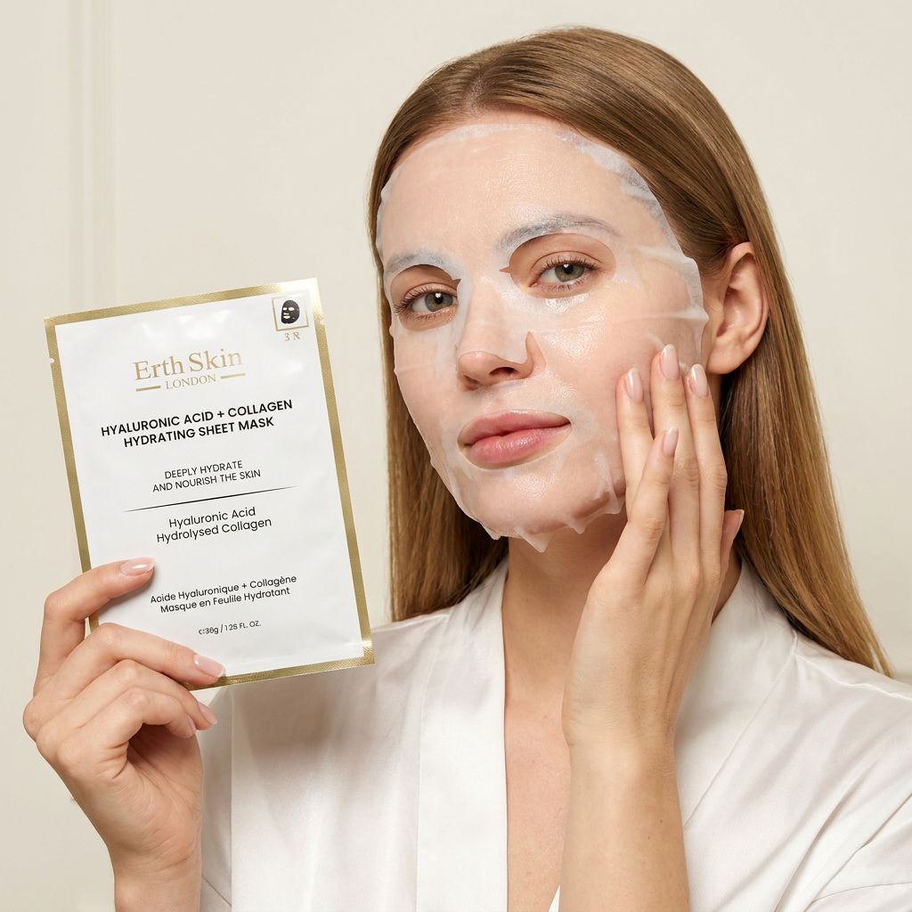 Frau mit aufgetragener Tuchmaske hält Verpackung von ErthSkin London Hyaluronsäure & Kollagen.