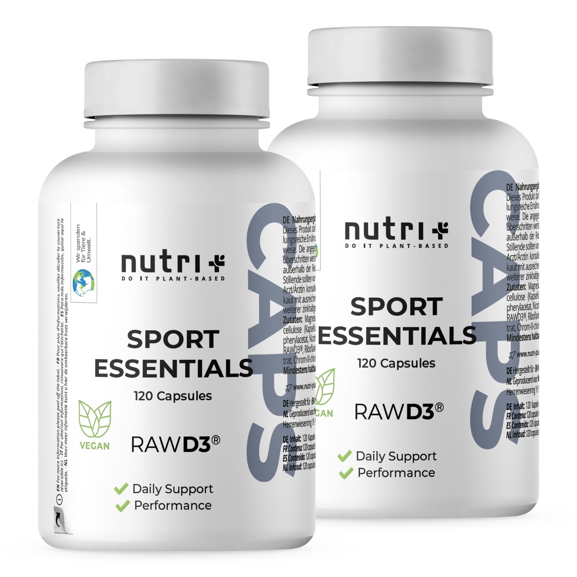 Zwei Flaschen nutri+ Sport Essentials Kapseln, 120 Kapseln pro Flasche, vegan.