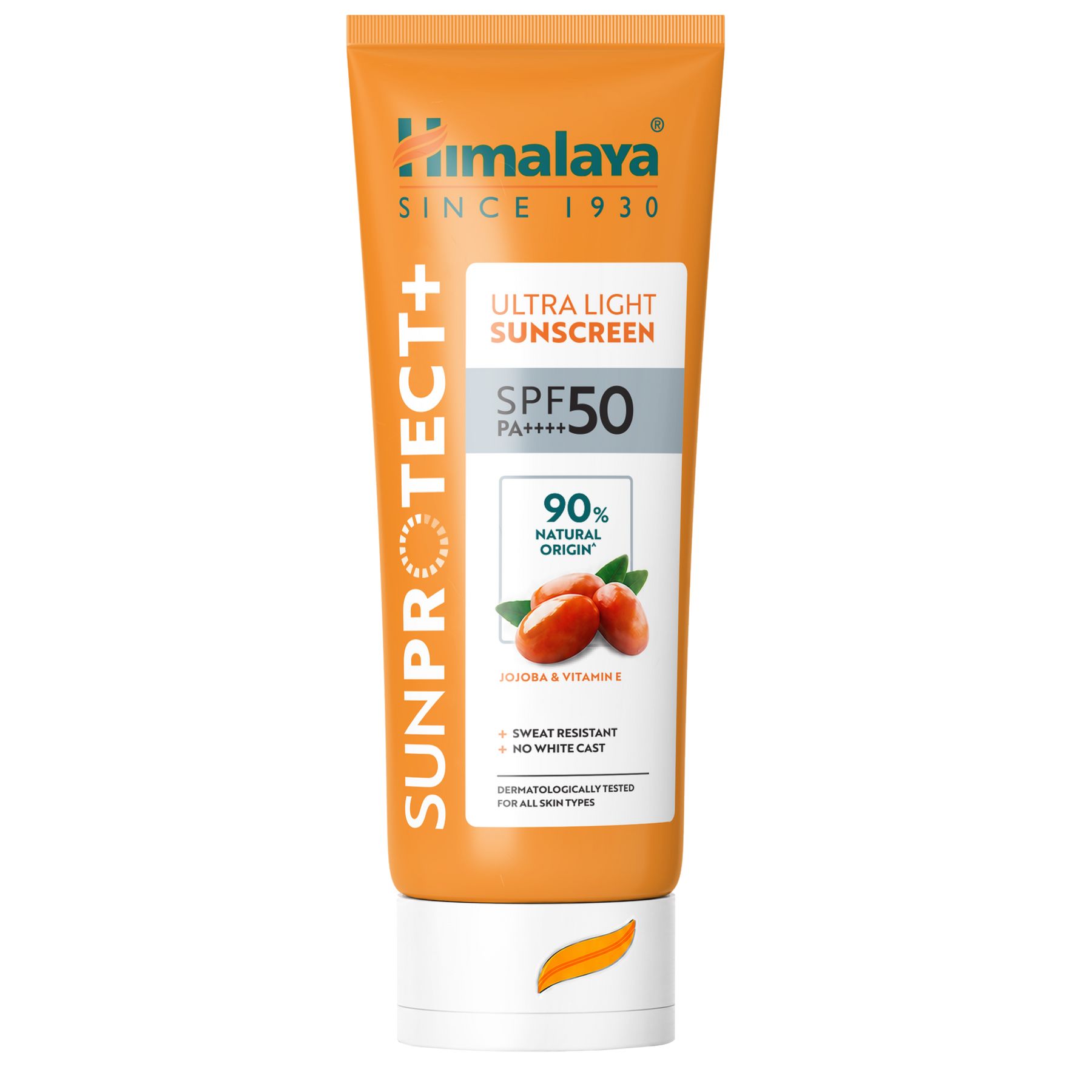 Orange Tube Sonnencreme mit weißem Aufdruck. Enthält SPF 50, PA++++ und 90% natürliche Inhaltsstoffe. 50g.