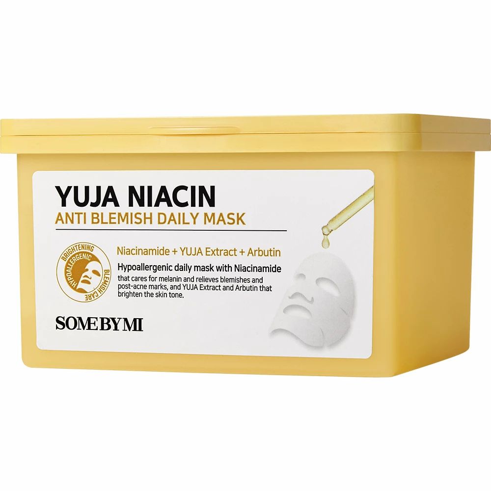 Gelbe Maskenpackung. Aufschrift: Yuja Niacin Anti Blemish Daily Mask. Logo: SOME BY MI.