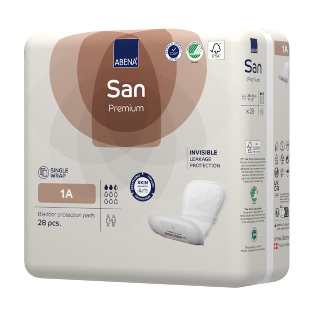 ABENA San Premium Einlagen-Packung. Aufdrucke: San, Premium, 1A, 28 Stück, FSC-Siegel. Einzelheiten zur Produktinformation.