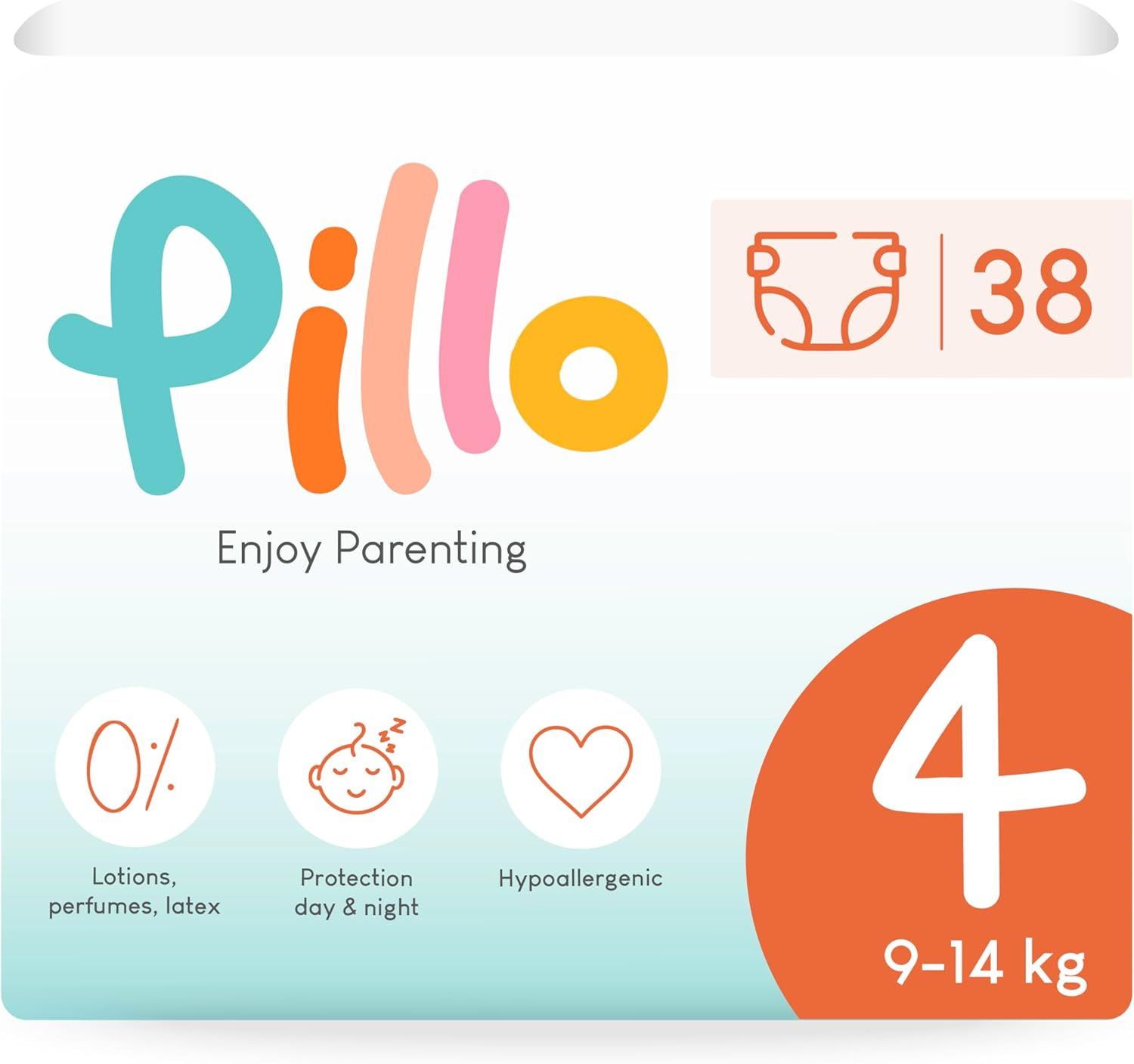 Pillo Windeln, Größe 4, 9-14 kg. Verpackung mit Produktmerkmalen: 0% Lotionen, parfums, latex, hypoallergen, Tag & Nacht Schutz.