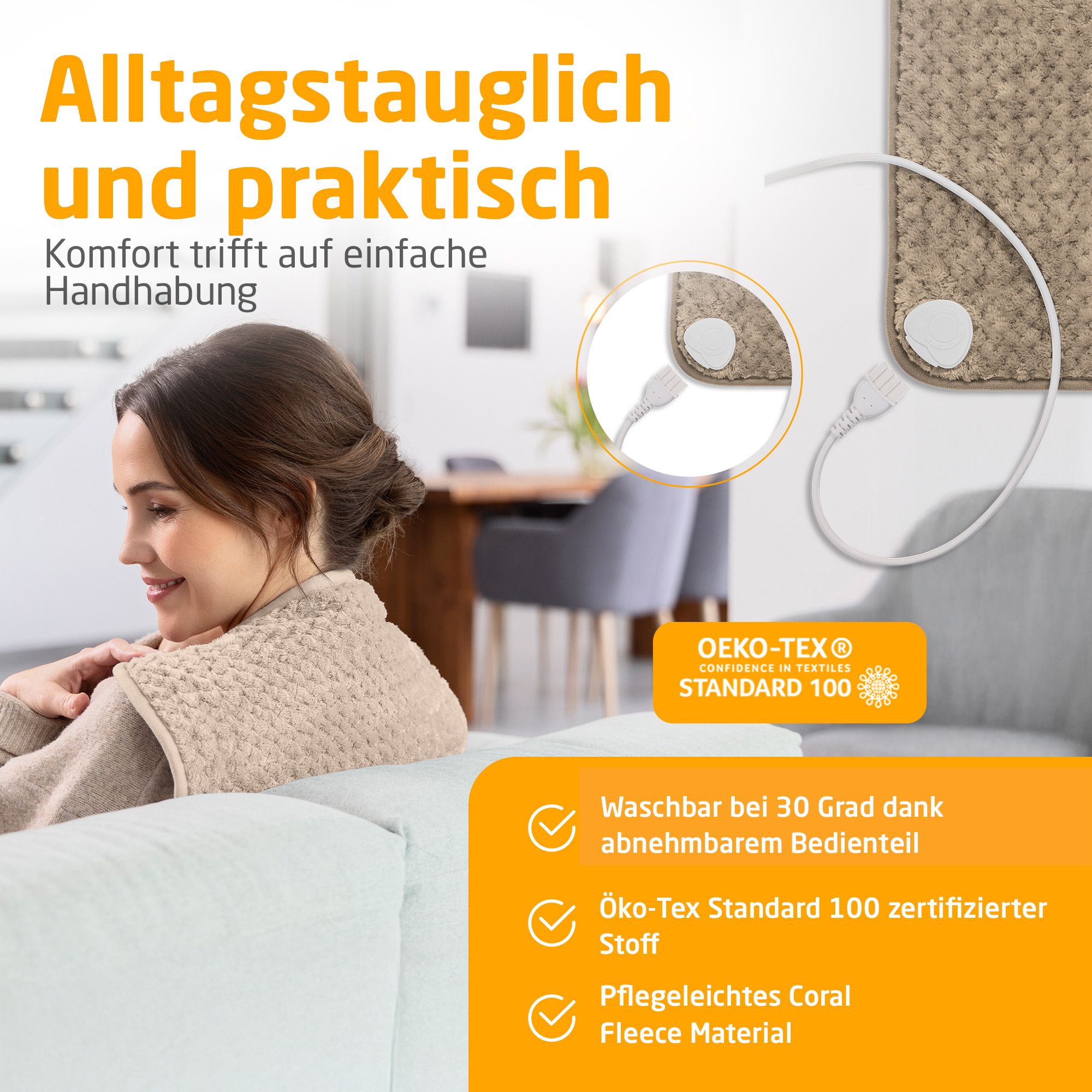 Heizkissen mit abnehmbarem Bedienteil. Oeko-Tex Standard 100 zertifiziert. Pflegeleichtes Coral Fleece Material.