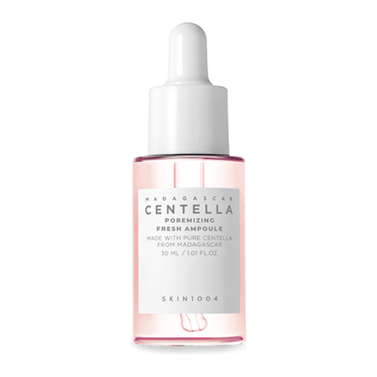 Glasflasche mit Pipette, gefüllt mit rosafarbener Flüssigkeit. Etikett mit 'Centella Poremizing Fresh Ampoule', 30 ml.