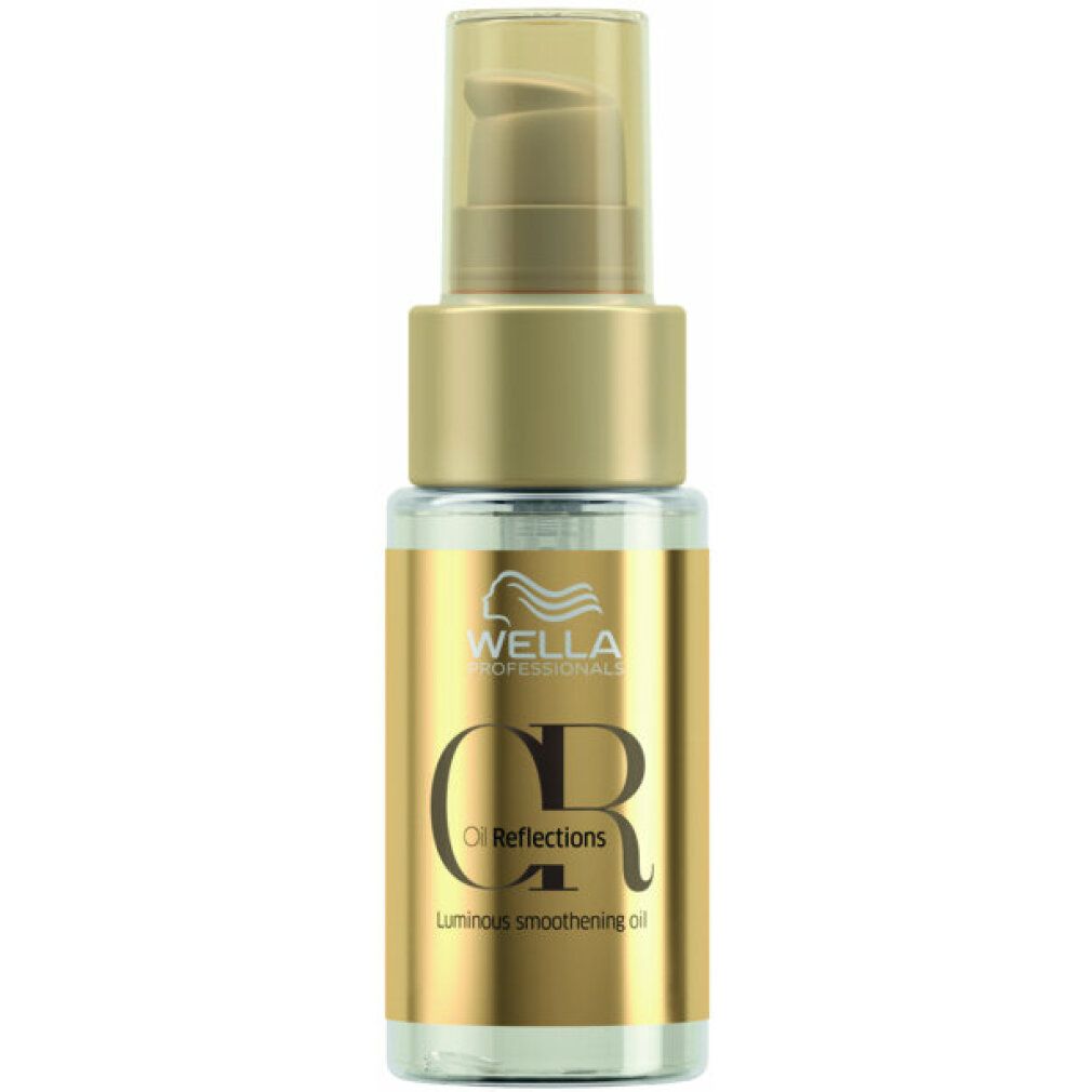Klarflüssiges Haaröl in einer kleinen Flasche mit goldenem Pumpverschluss. Aufschrift: Wella, Oil Reflections.