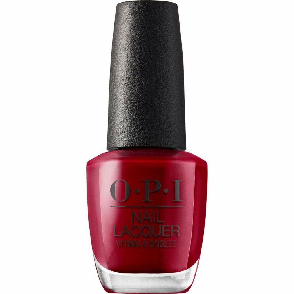 Rote Nagellackflasche mit schwarzem Deckel. OPI Nail Lacquer-Logo. Klare Glasflasche mit rotem Lack.