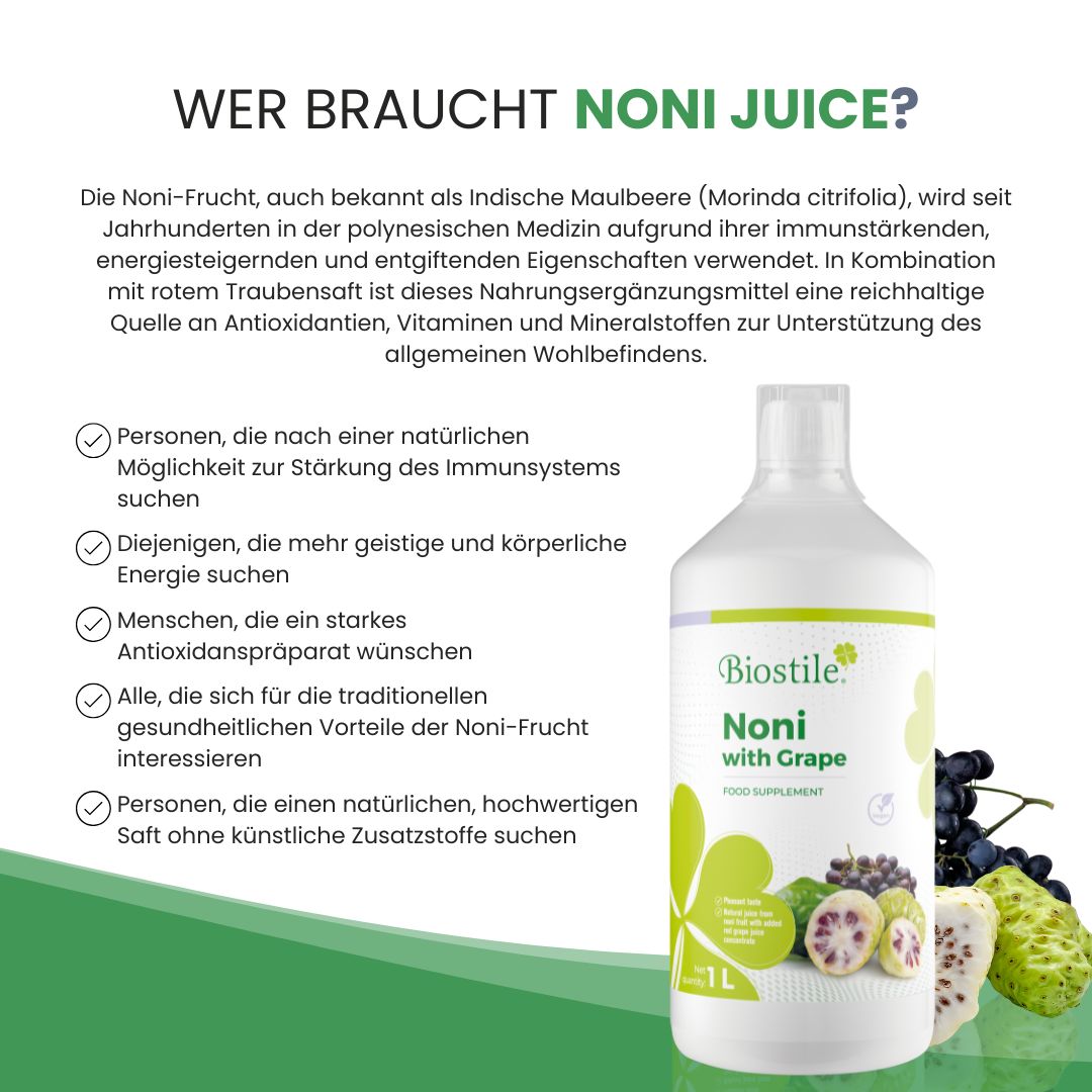 Liste der Vorteile von Noni-Saft. Flasche Biostile Noni mit Traube Saft daneben.