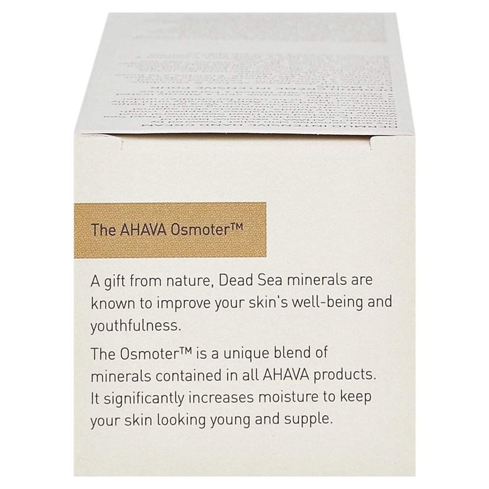 Verpackung mit Text: The AHAVA Osmoter. Text über Mineralien aus dem Toten Meer. Weißer Hintergrund.