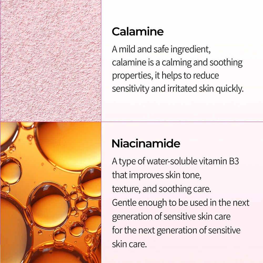 Textabschnitte über Calamine und Niacinamid. Beschreibungen der Inhaltsstoffe und ihrer Vorteile für die Haut.