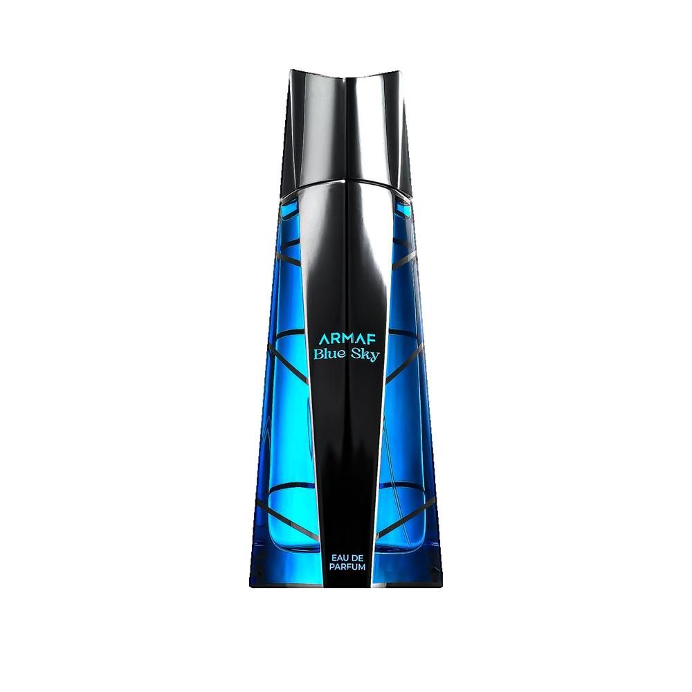 Blauer Flakon mit silberner Kappe. Text: Armaf Blue Sky, Eau de Parfum.