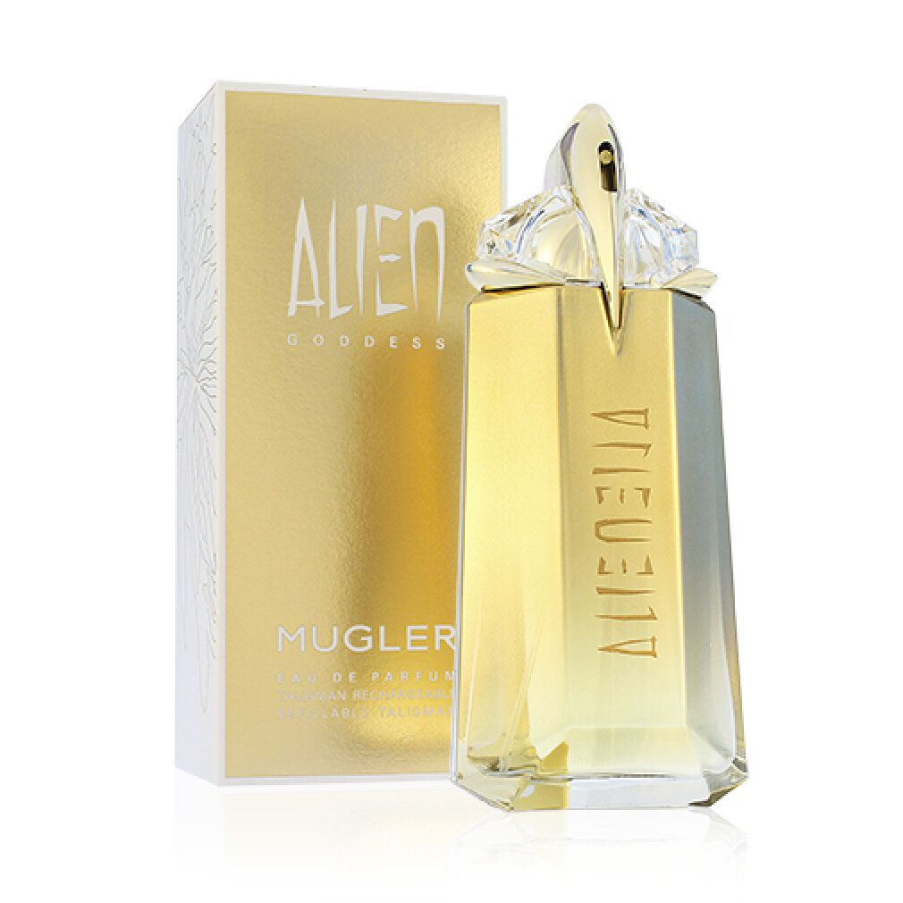 Goldener Flakon und Verpackung mit Alien Goddess Schriftzug und Mugler Logo.