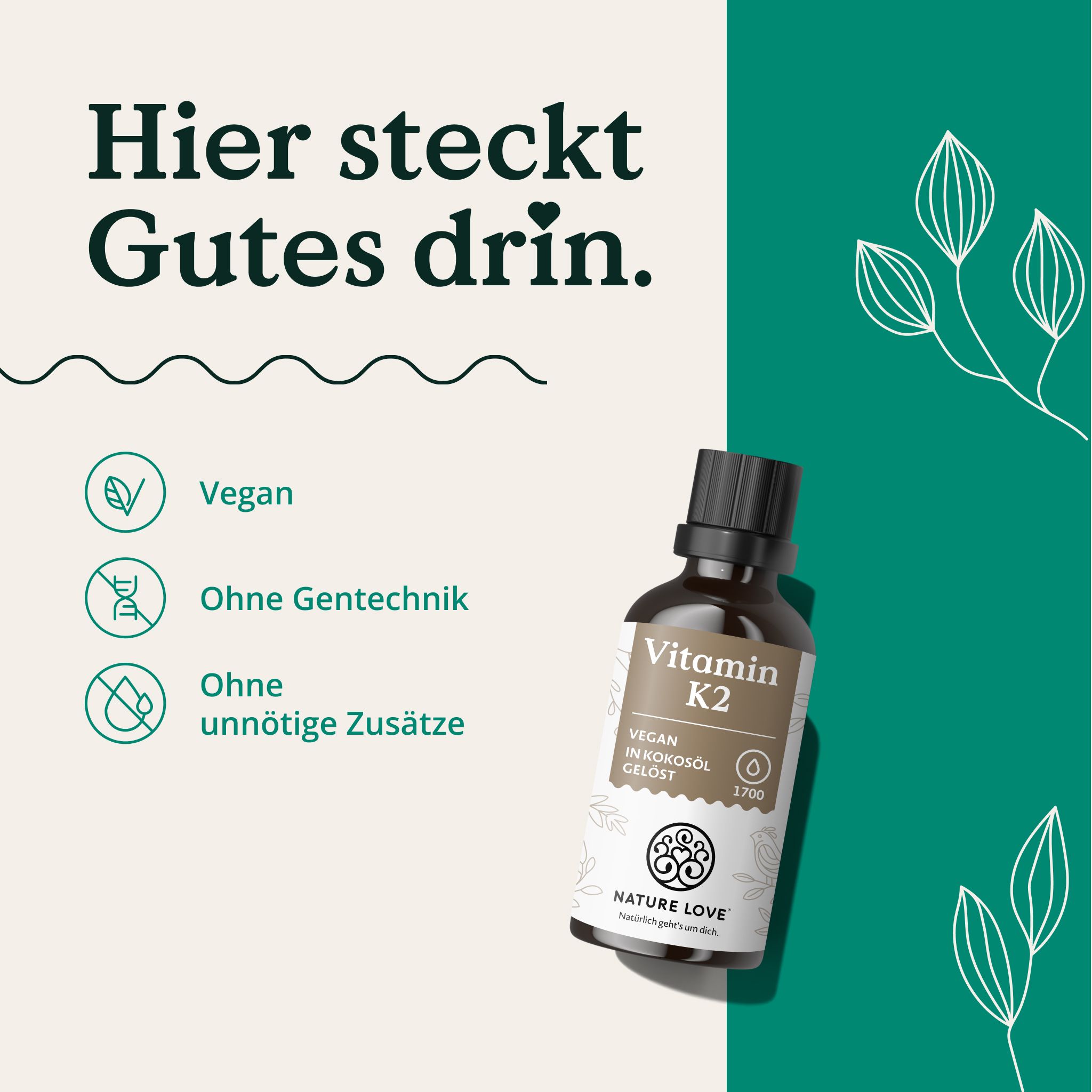 Flasche Vitamin K2 vegan in Kokosöl gelöst von Nature Love.
