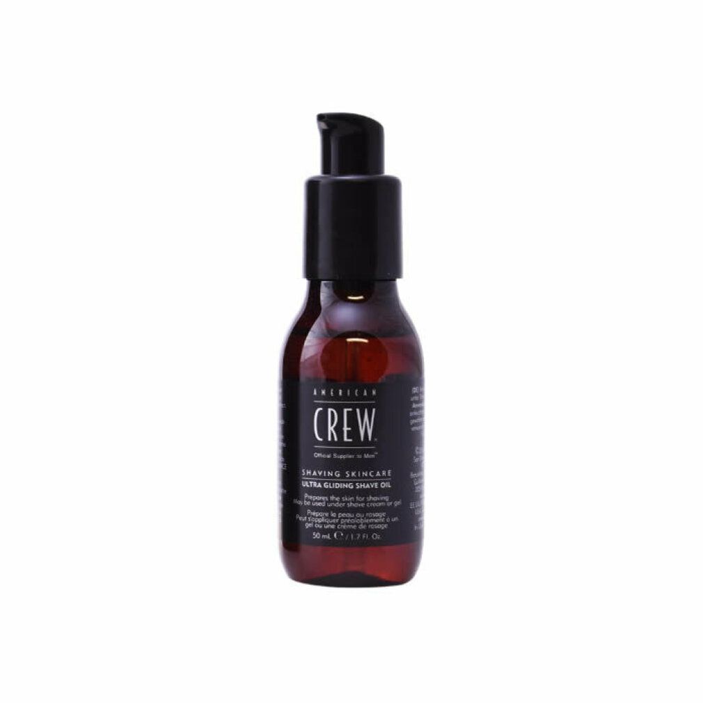 Braune Flasche mit schwarzem Pumpkopf. Aufschrift: Ultra Gliding Shave Oil. 50 ml.