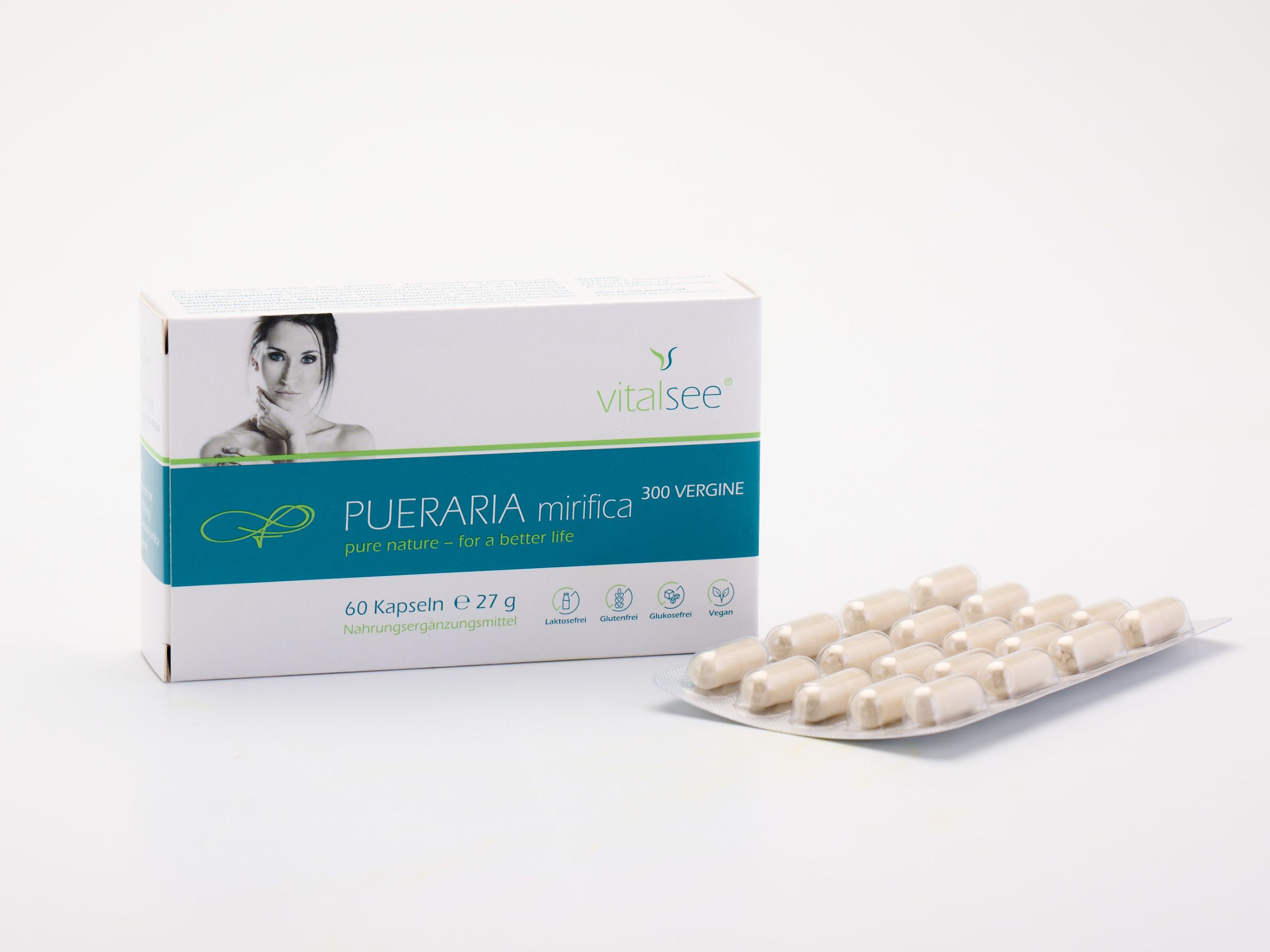 Produktverpackung mit Kapseln auf Blister. Aufschrift: Vitalsee PUERARIA mirifica 300 vergine. 60 Kapseln. Frauengesicht.