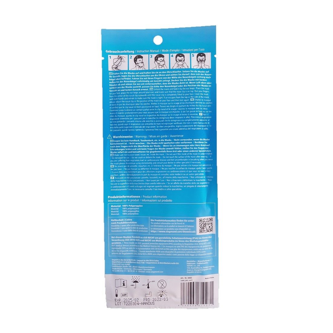 Rückseite der Verpackung. Text in mehreren Sprachen, QR-Code, Illustrationen und Informationen zur Verwendung.