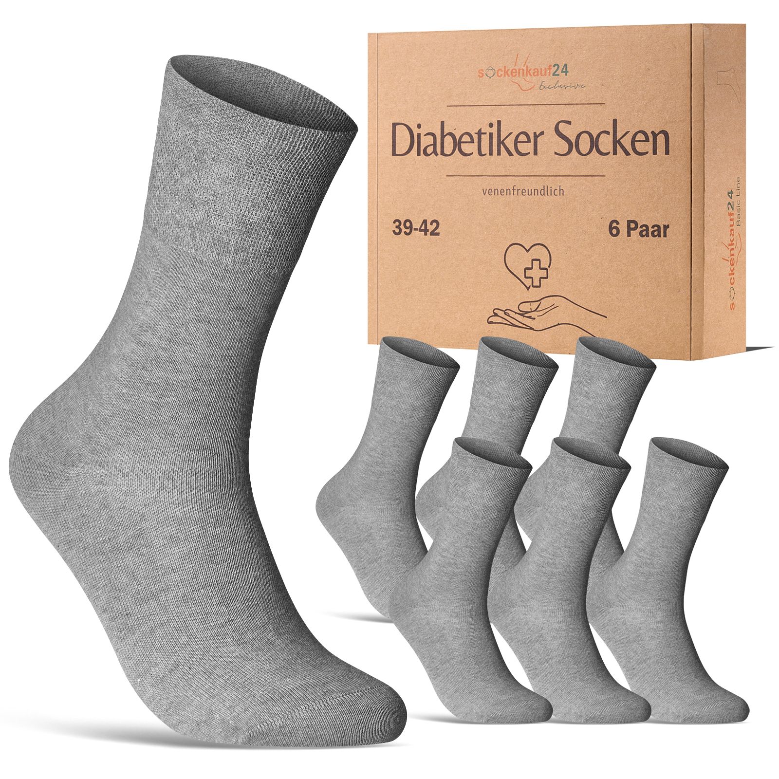 Graue Socken und Box. Box: Diabetiker Socken, 39-42, 6 Paar. Text: venenfreundlich.