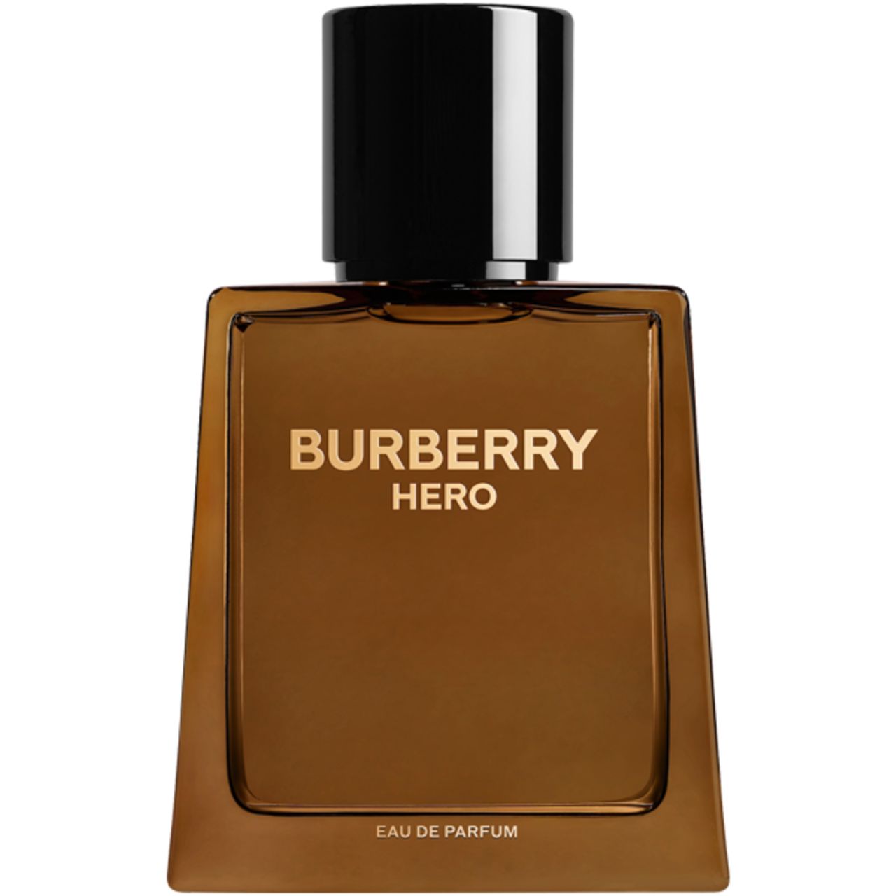 Burberry Hero E.d.P. Nat. Spray. Braune Glasflasche mit schwarzem Deckel. Goldener Schriftzug. Eckige Form.