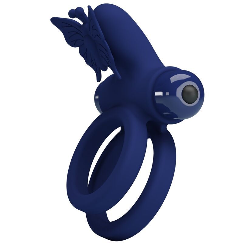 Blauer Doppelring mit Schmetterling-Design. Zwei Ringe, ein Vibrationsmodul und ein Schmetterling-Dekor.