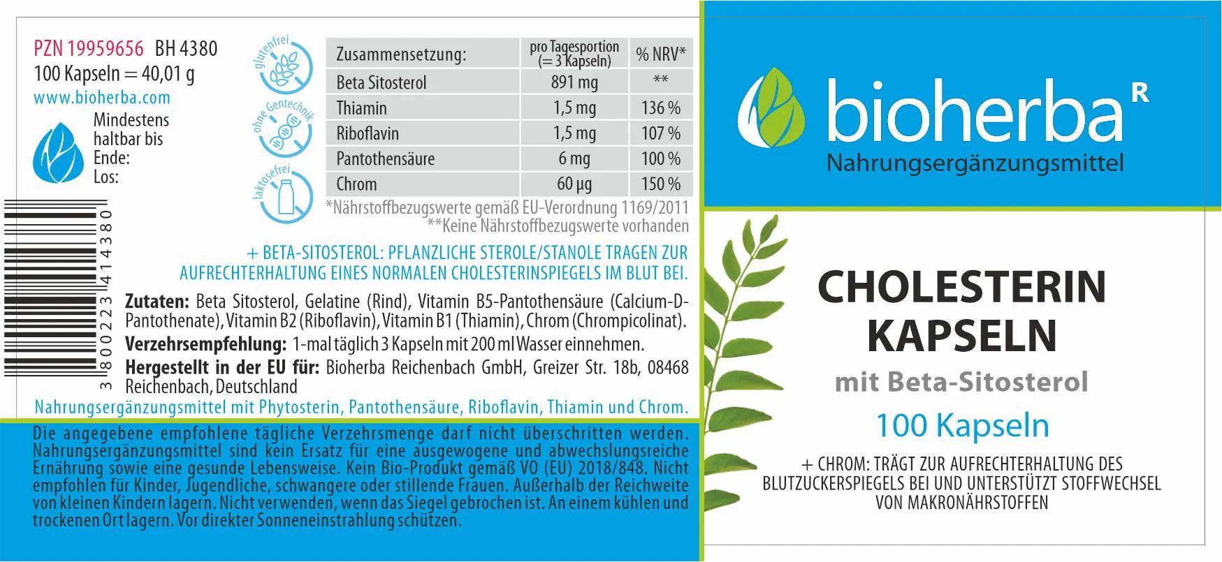 Etikett der Kapsel-Dose mit Inhaltsangaben, "Bioherba"-Logo und "Cholesterin Kapseln"-Schriftzug.