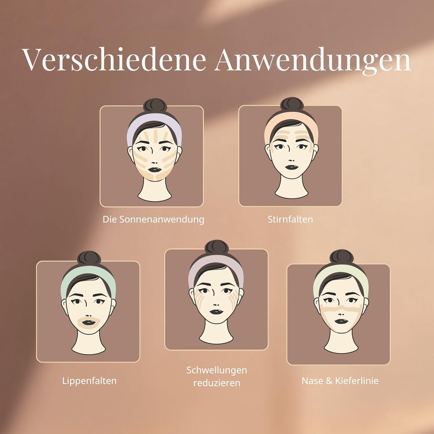 Illustrationen verschiedener Tape-Anwendungen im Gesicht. Bereiche: Sonnenanwendung, Stirnfalten, Lippenfalten, Schwellungen, Nase & Kieferlinie.
