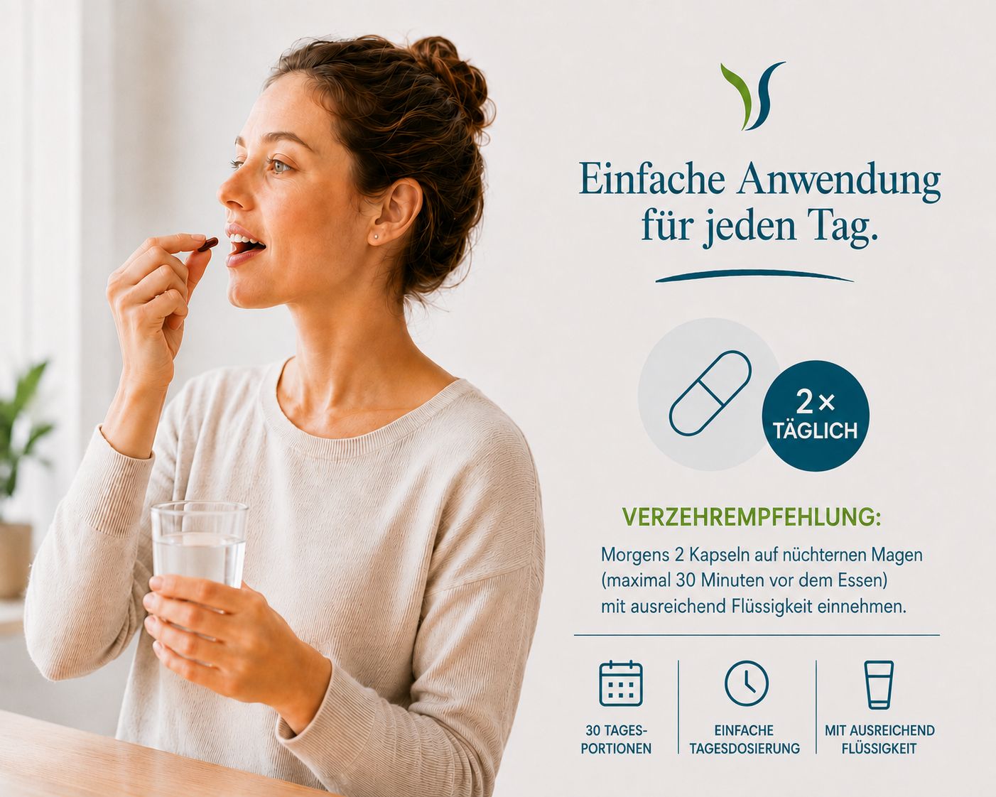 Frau nimmt eine Kapsel Vitalsee VITABIOTICA 12 opus magnum mit Wasser ein.