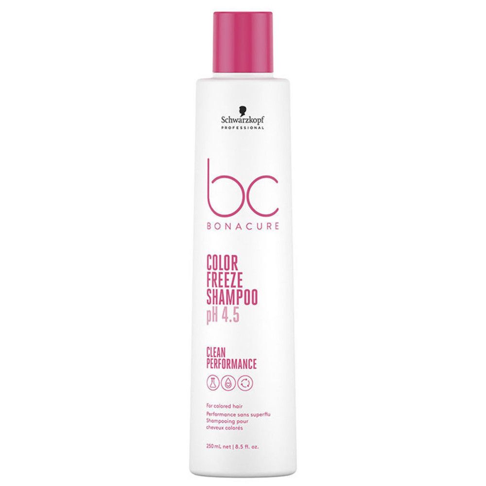 Weiße Shampoo-Flasche mit pinkfarbenem Deckel. Aufschrift: bc BONACURE COLOR FREEZE SHAMPOO pH 4.5.  Professionelles Produkt.