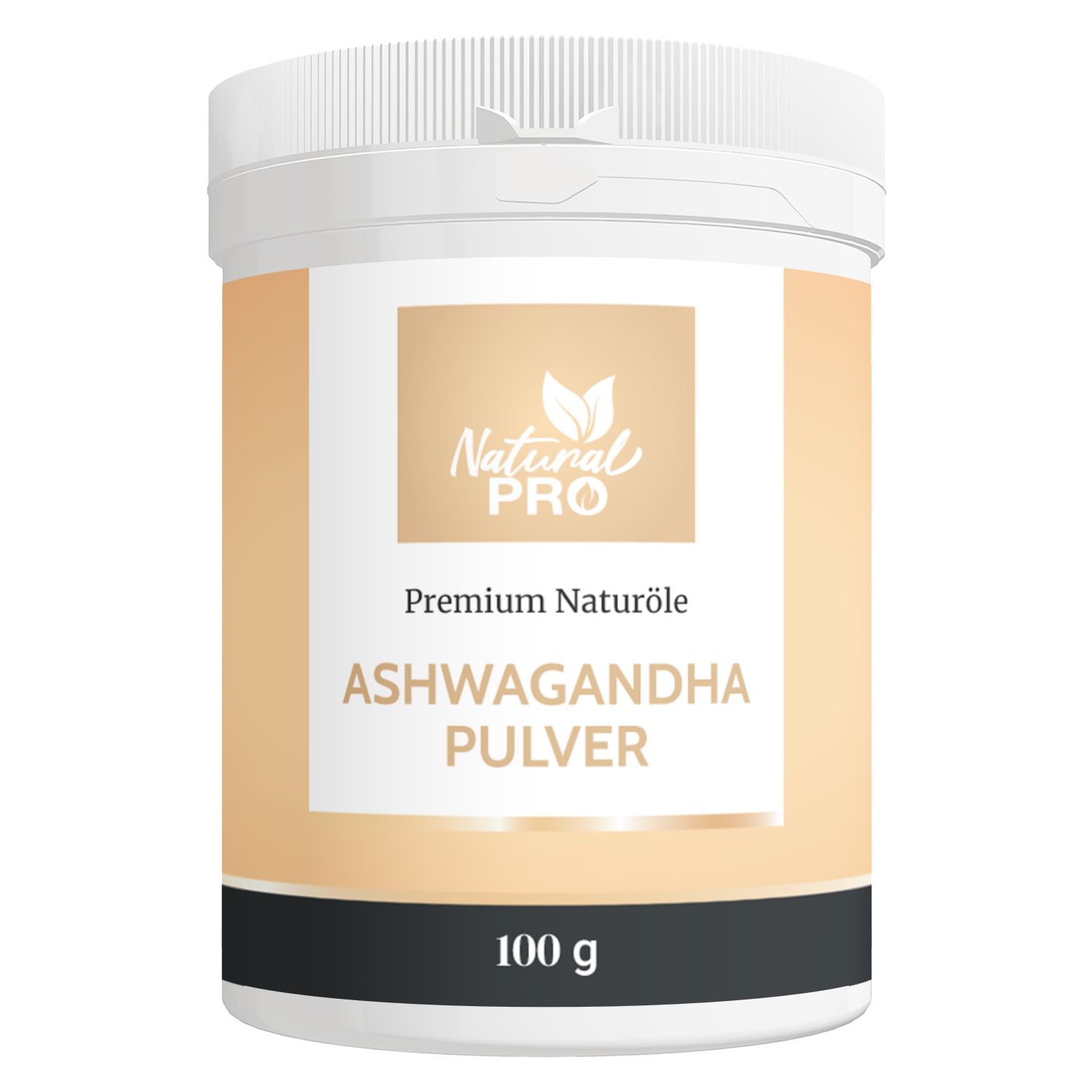 Weißer Behälter mit Deckel. Aufschrift: Natural Pro, Ashwagandha Pulver, 100 g. Beige Etikett mit schwarzem Band.