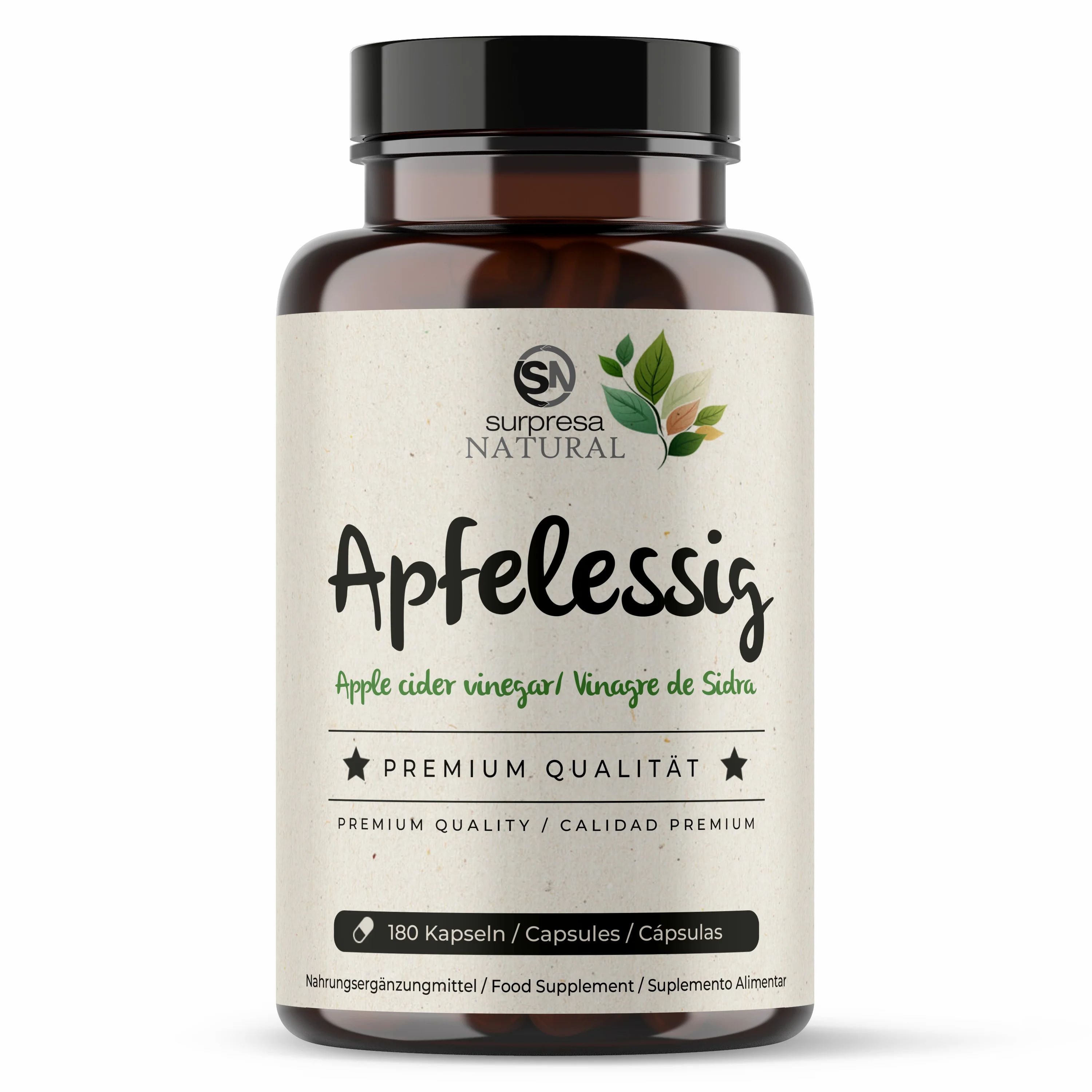 Braune Flasche mit Etikett. Aufschrift: Apfelessig, Premium Qualität. Enthält 180 Kapseln.