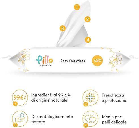 Pillo Baby Feuchttücher-Packung mit geöffneten Tüchern. Text: Baby Wet Wipes, x20. Aufschrift: 99,6% natürliche Inhaltsstoffe.