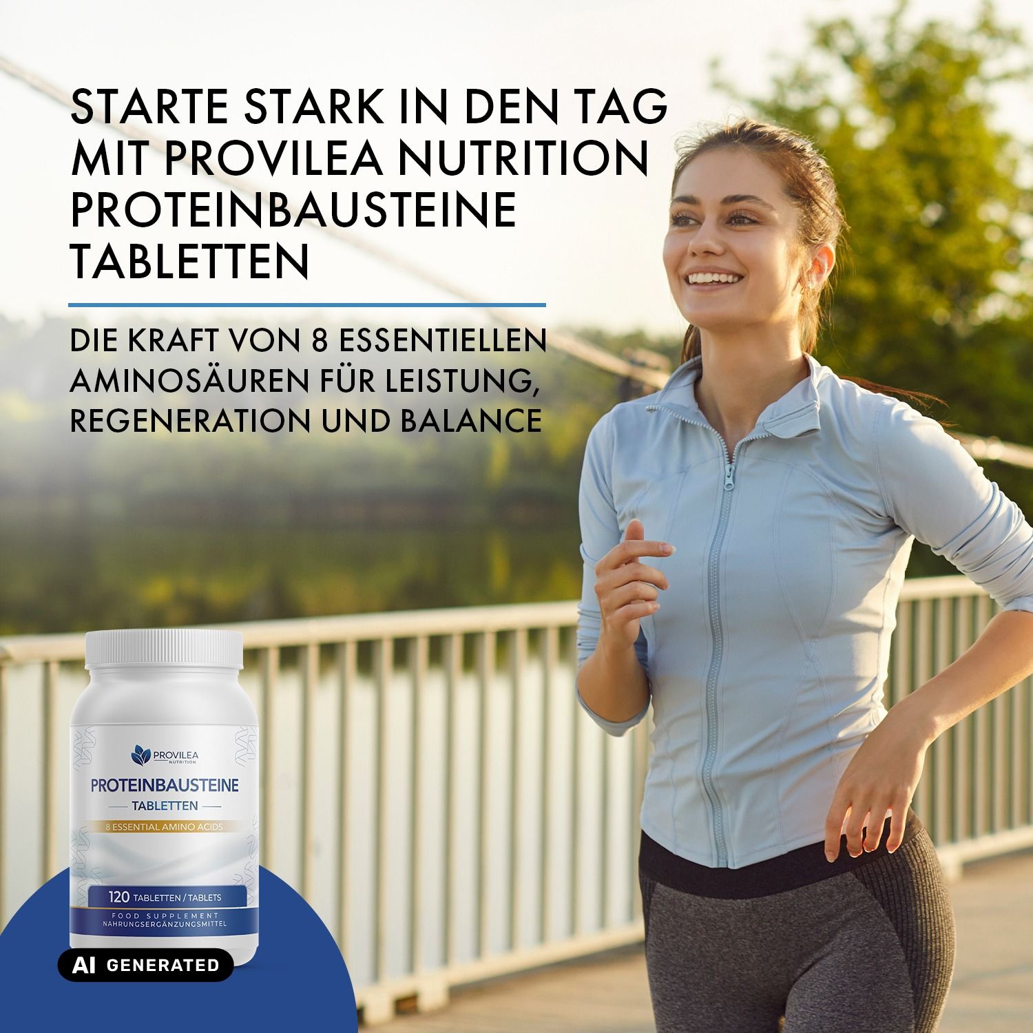 Läuferin mit Flasche Provilea Nutrition Proteinbausteine Tabletten, 8 essentielle Aminosäuren.