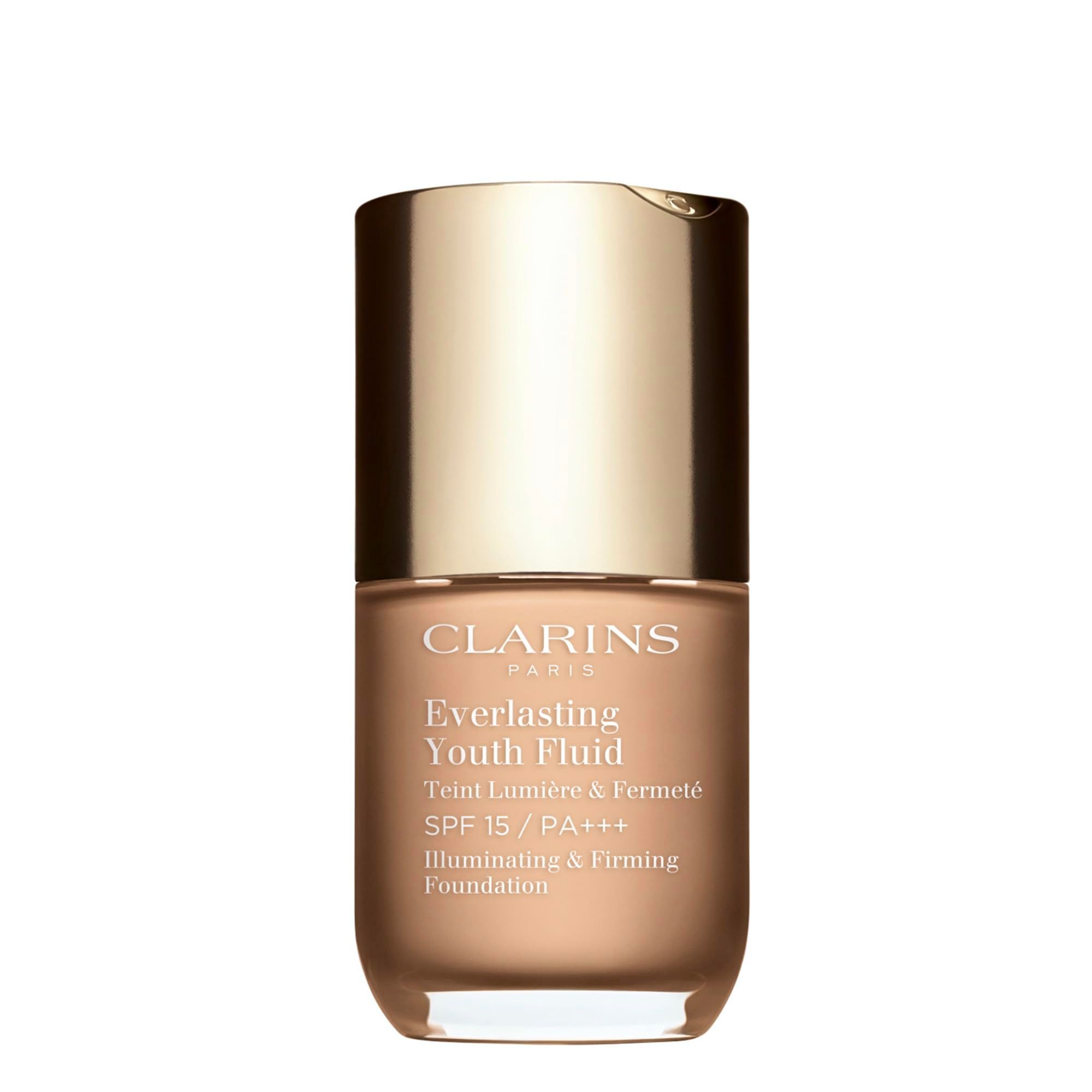 Flüssig-Make-up-Flakon. Goldfarbener Deckel, durchsichtiger Behälter. Aufschrift: Clarins, Everlasting Youth Fluid, SPF 15/PA+++.