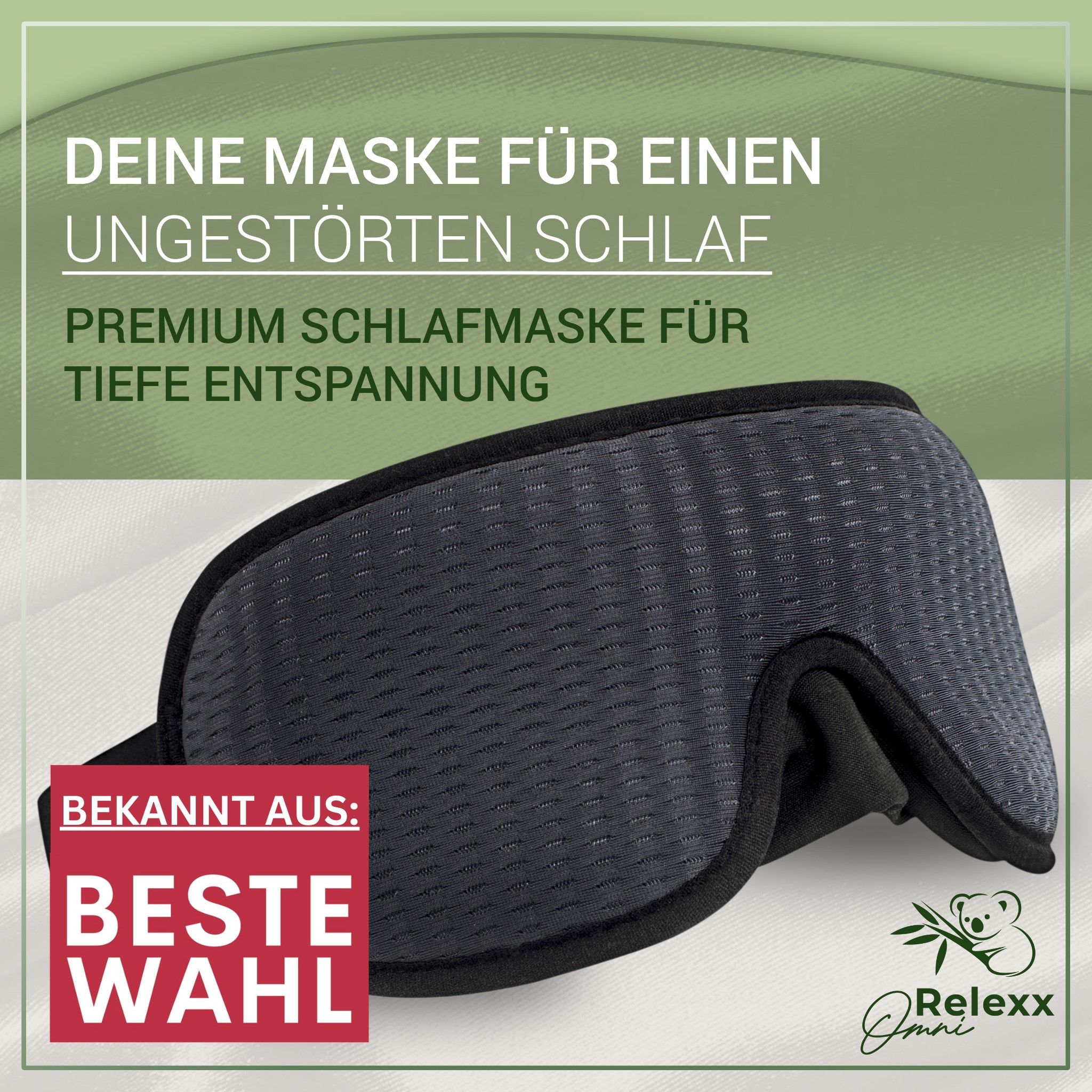 Schlafmaske. Text: Premium Schlafmaske. Bekannt aus: Beste Wahl. Produktname und Logo.