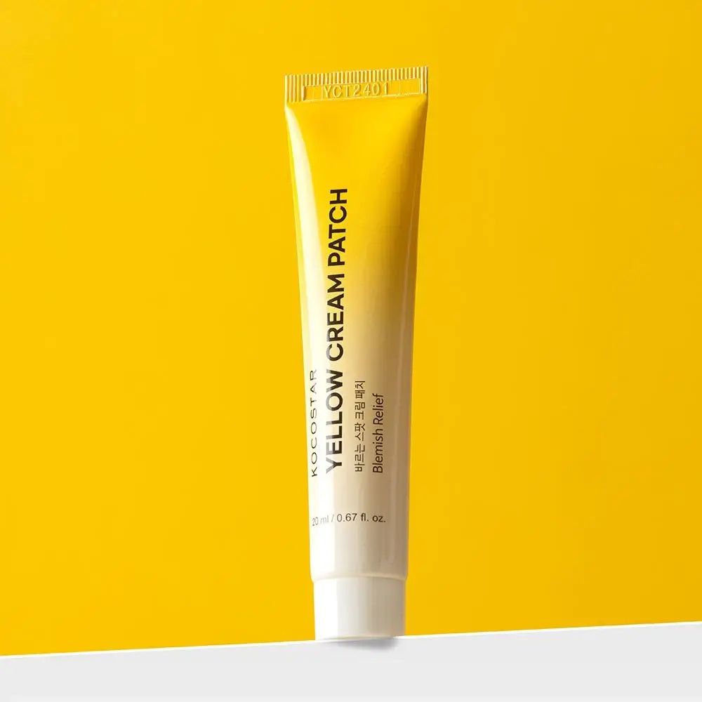 Gelbe Tube KOCOSTAR Yellow Cream Patch. Text: Blemish Relief, 20 ml / 0.67 fl. oz. Auf gelbem Hintergrund.