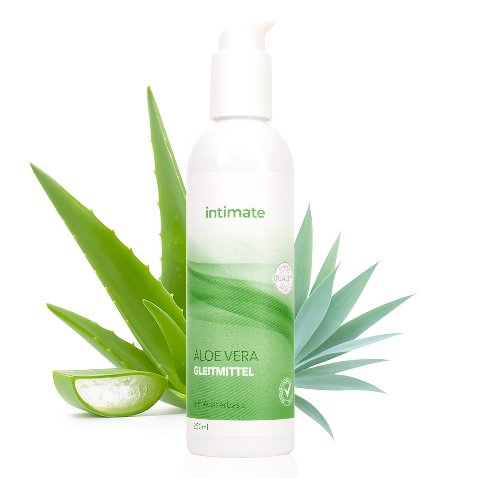 Flasche INTIMATE Aloe Vera Gleitmittel mit Aloe Vera Pflanzen.