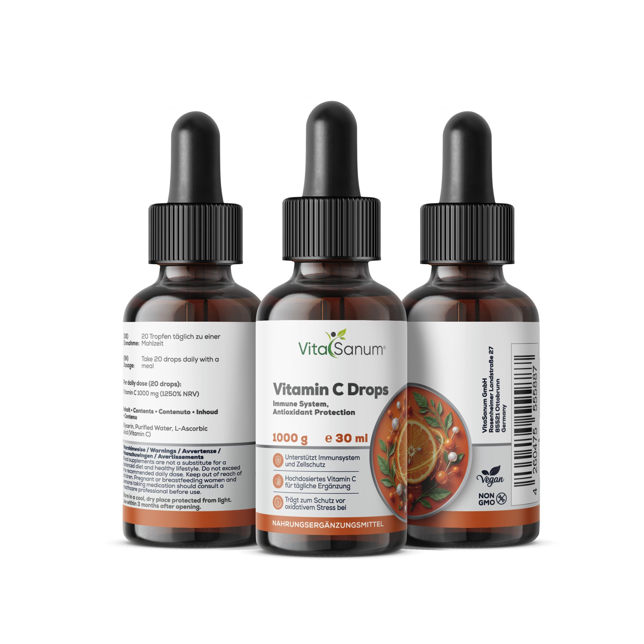 Drei braune Glasflaschen mit Pipettenverschluss, jede enthält 30 ml Vitamin C Tropfen.