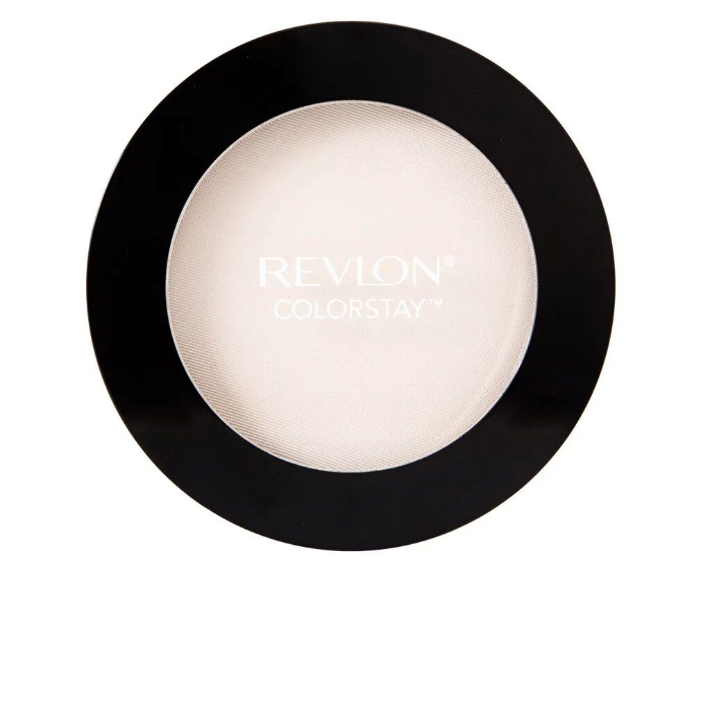 Runder, schwarzer Kompaktpuder mit weißem Puder. Auf dem Puder steht REVLON COLORSTAY. Der Puder ist in einer schwarzen Hülle.