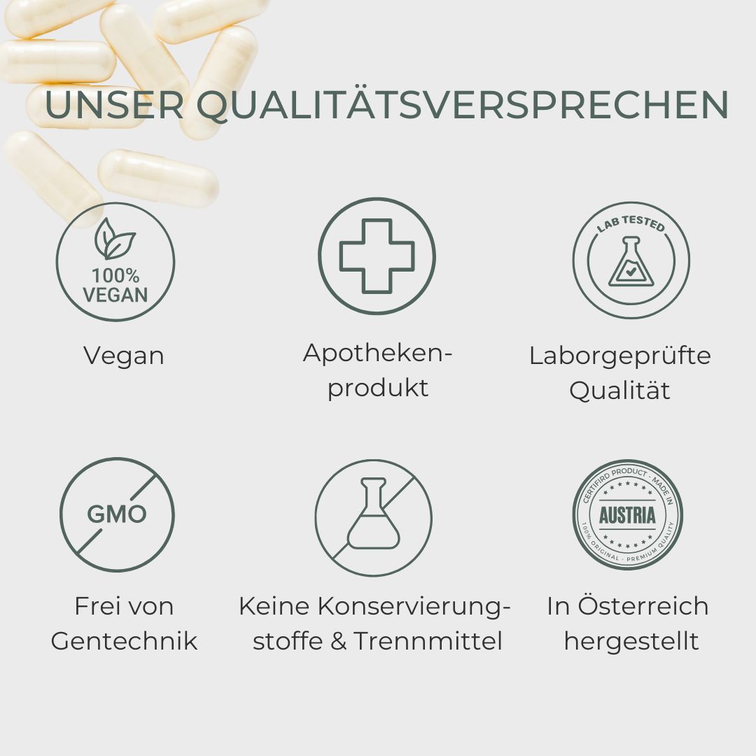 Weiße Kapseln und Logos: 100% Vegan, Apothekenprodukt, Laborgeprüfte Qualität, GMO-frei, Keine Konservierungsstoffe, Hergestellt in Österreich.