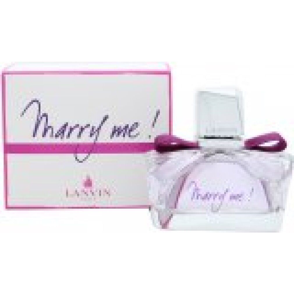 Parfümflakon und Verpackung. Flakon mit Schleife und Schriftzug "Marry me!". Verpackung mit Schriftzug "Marry me!" und Logo.