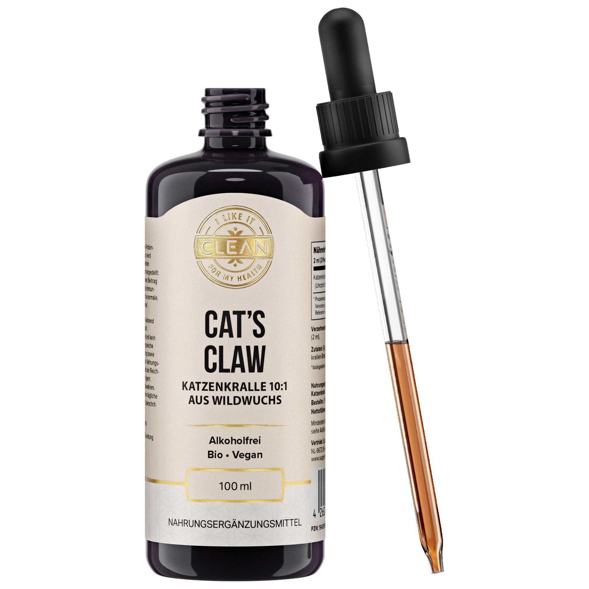 Braune Glasflasche mit schwarzem Deckel und Pipette. Beschriftung: CAT'S CLAW Katzenkralle 10:1. 100 ml.
