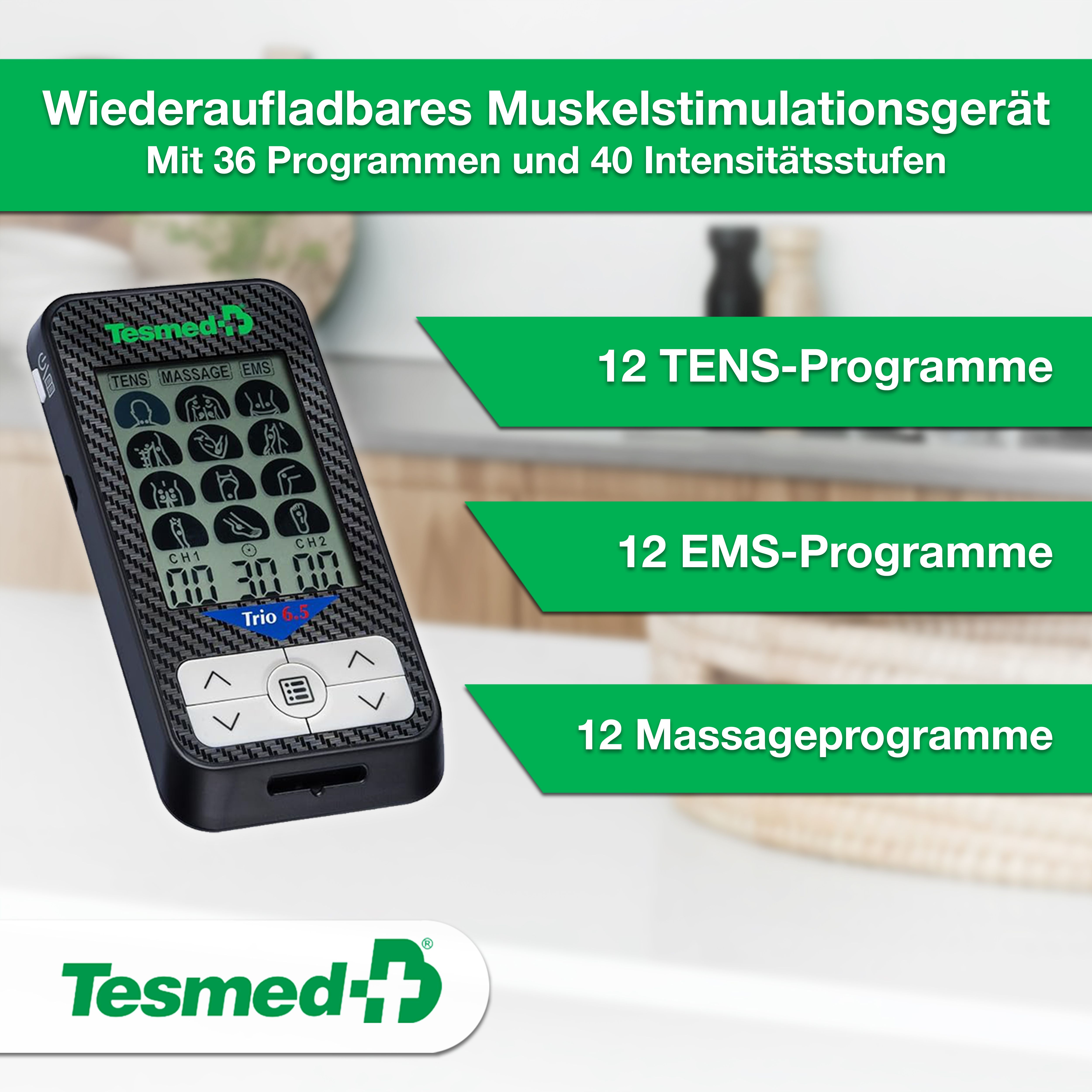 TESMED Trio 6.5: Wiederaufladbarer Muskel-Elektrostimulator-36 Programme, tens, Schmerztherapie