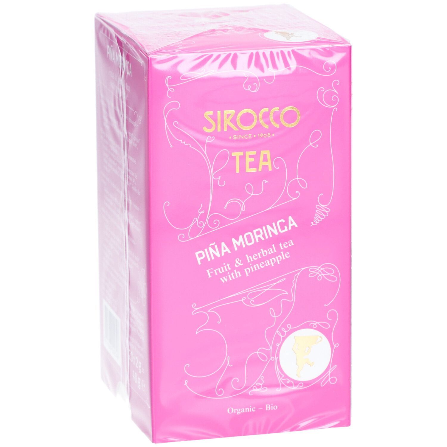 Rosa Verpackung mit "Sirocco Tea" und "Piña Moringa" Aufdruck. Frucht- und Kräutertee mit Ananas. Bio-Zertifizierung.